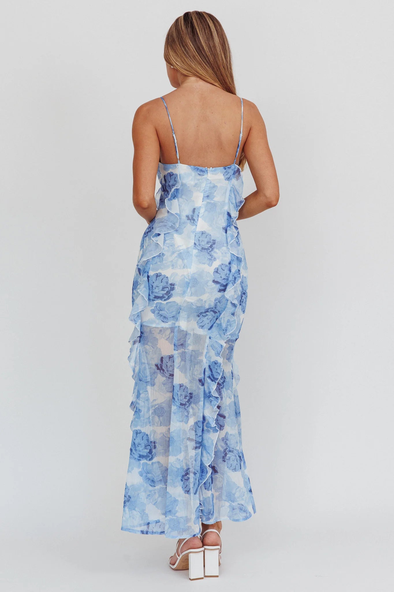 Frannie Vertical Ruffle Maxi Dress Floral Blue