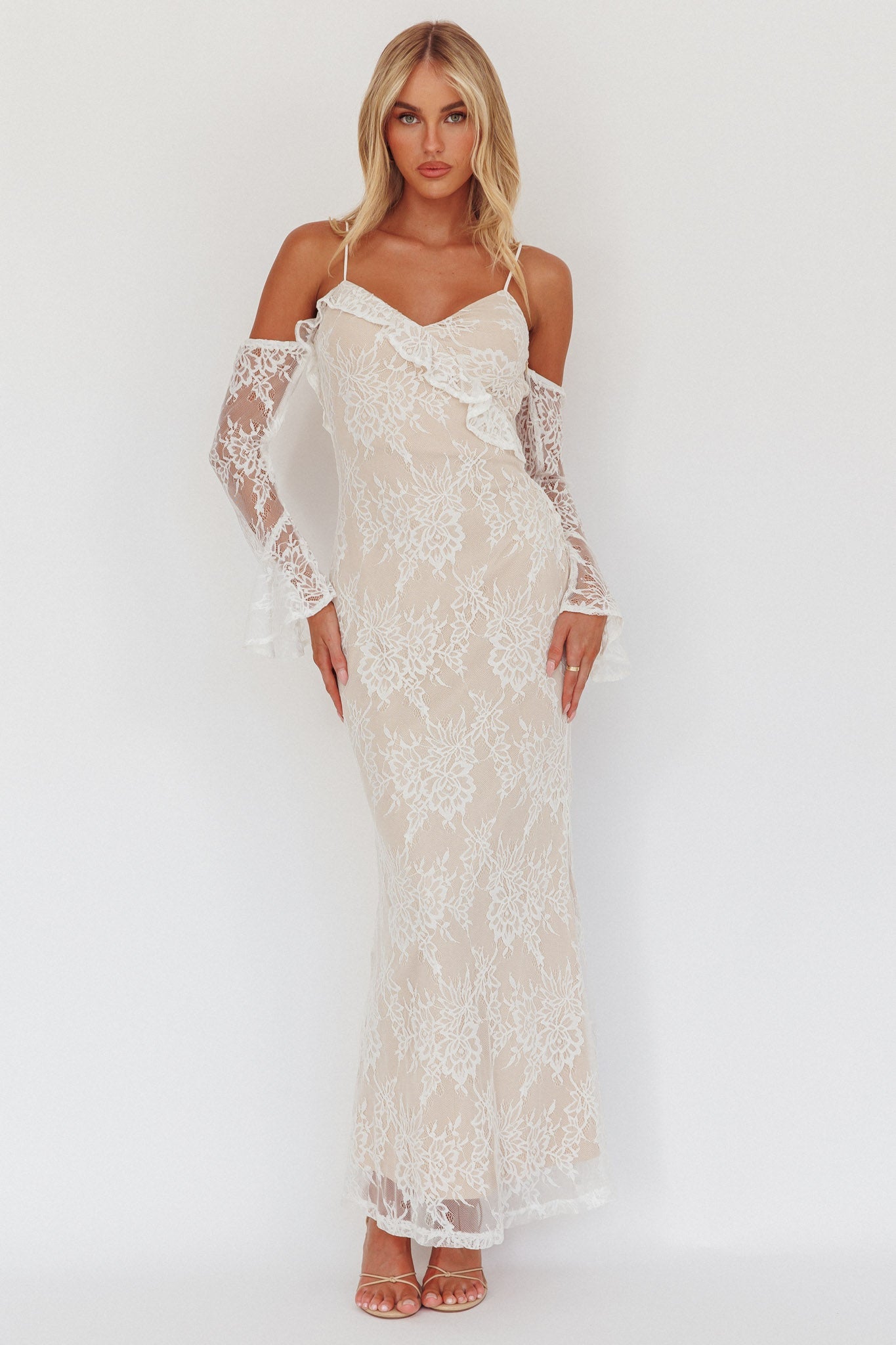 Zarah Off-Shoulder Sleeve Lace Maxi Dress White