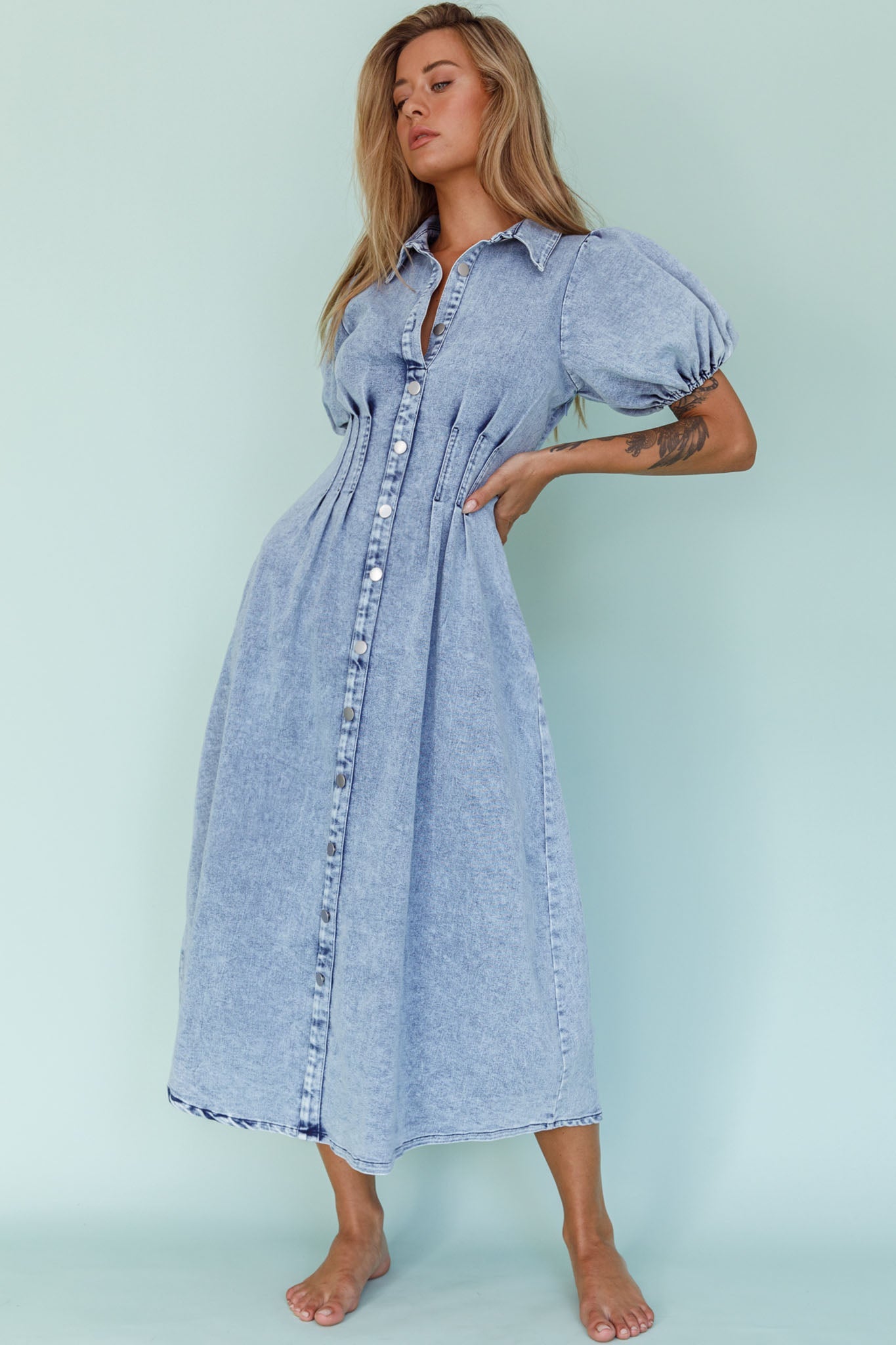 Zurich Pleated Waist Midi Dress Denim Blue