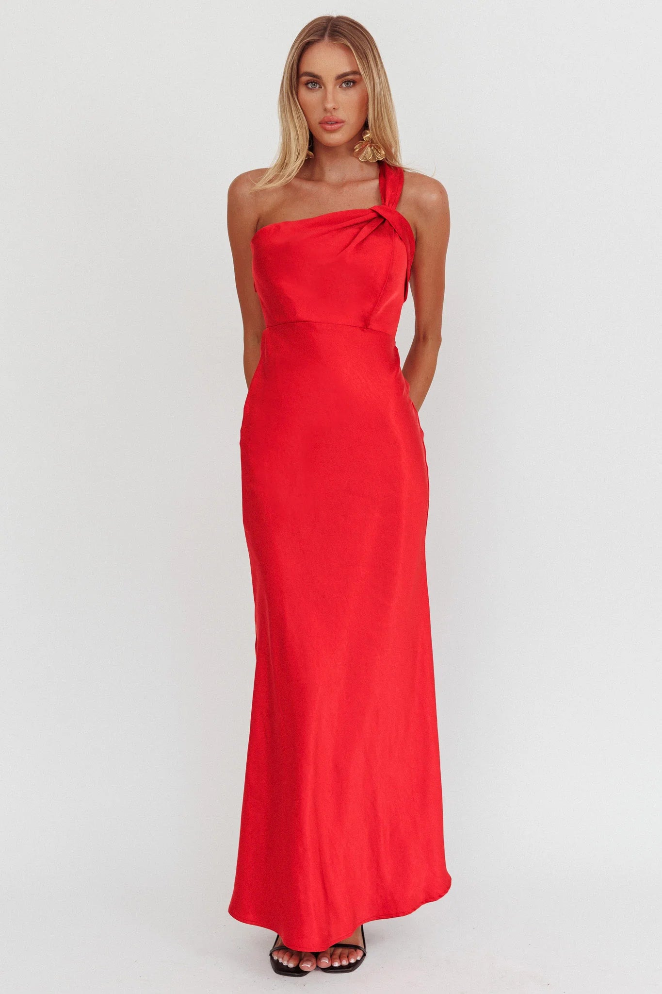 Fly Love Satin One Shoulder Maxi Dress Red