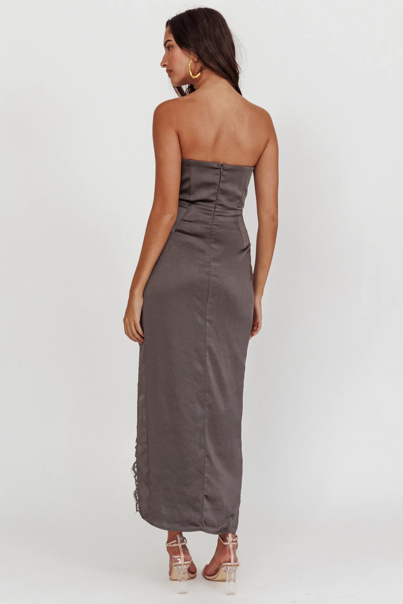 Winter Moon Strapless Lace Trim Midi Dress Charcoal