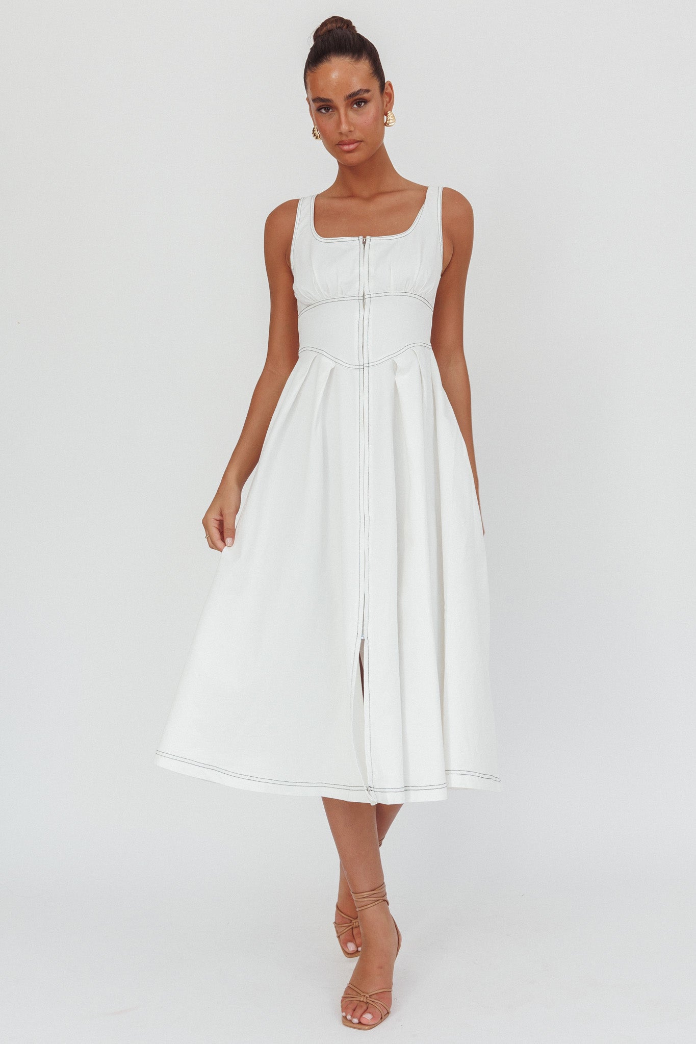 Leeli Zipper Front Midi Dress White