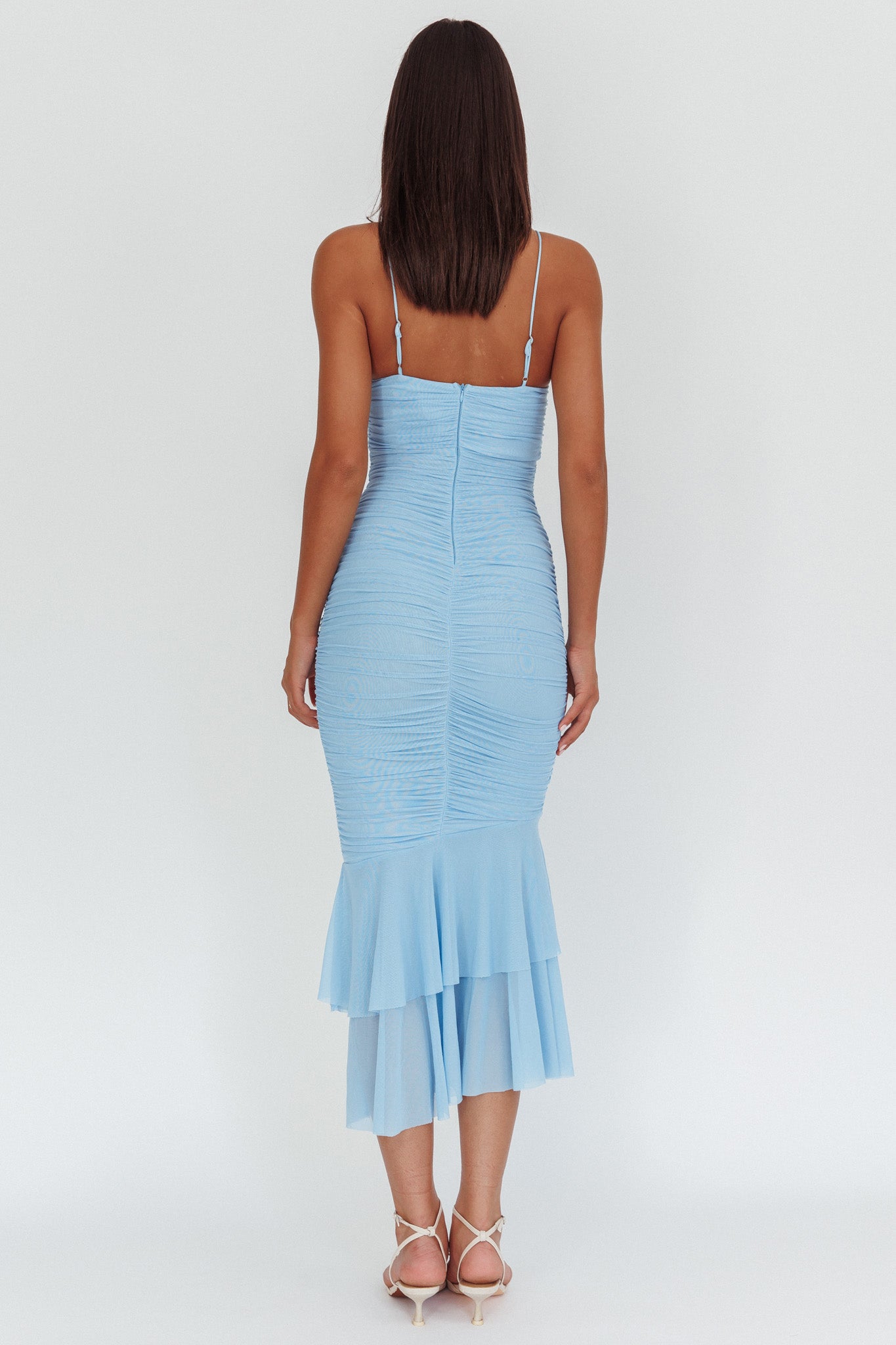 Nadia Ruffle Neckline Ruched Midi Dress Blue