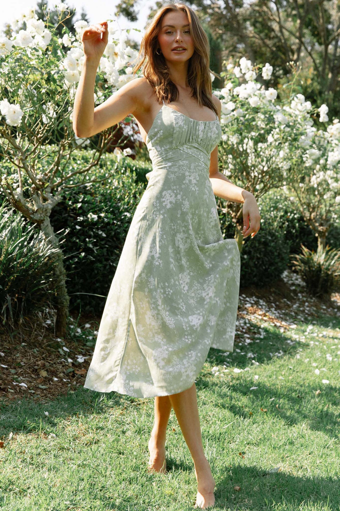 Linka Cami Strap Midi Dress Floral Print Avocado