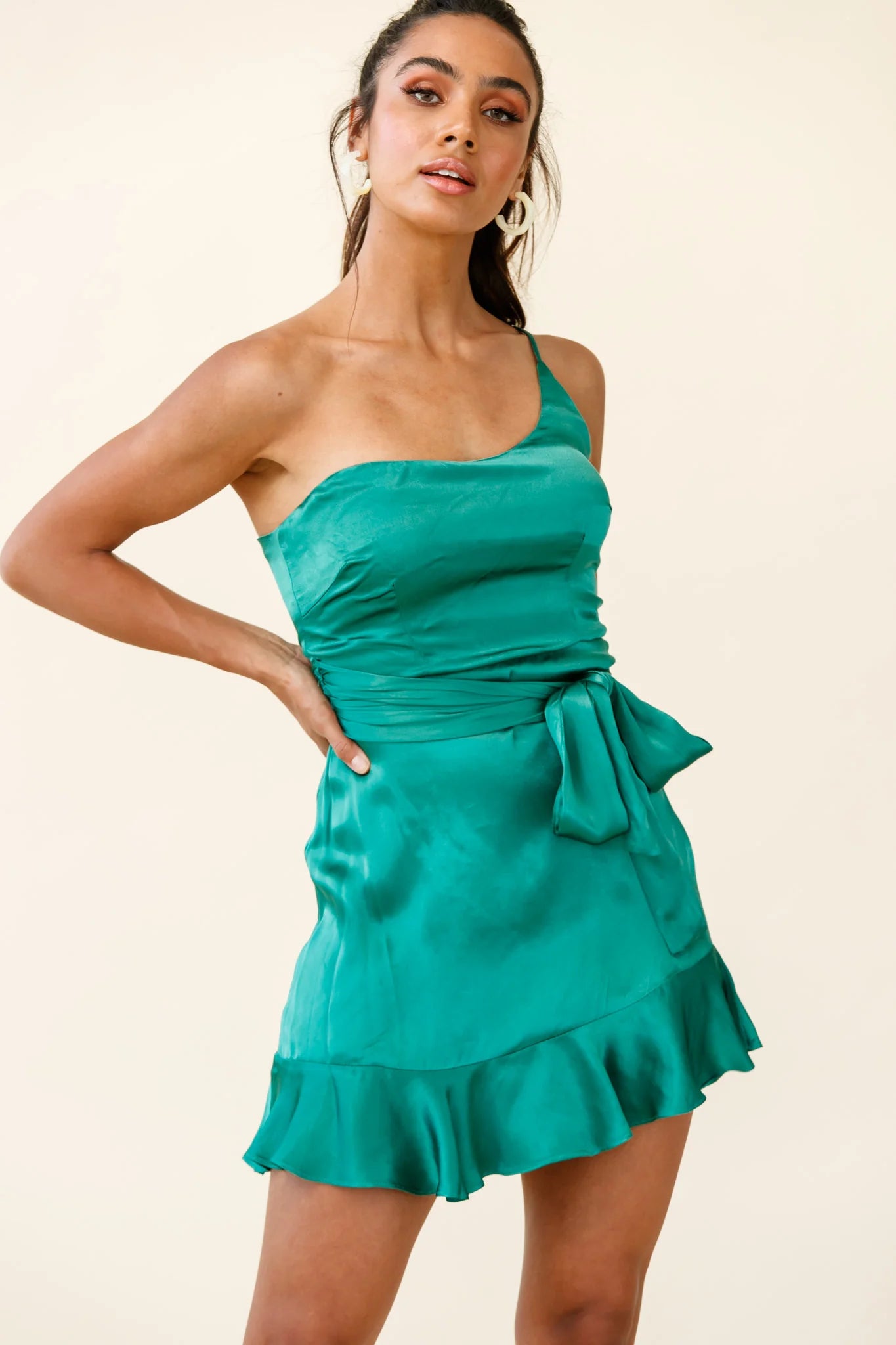 Don't Wait Up One Shoulder Waist Tie Dress Jade
