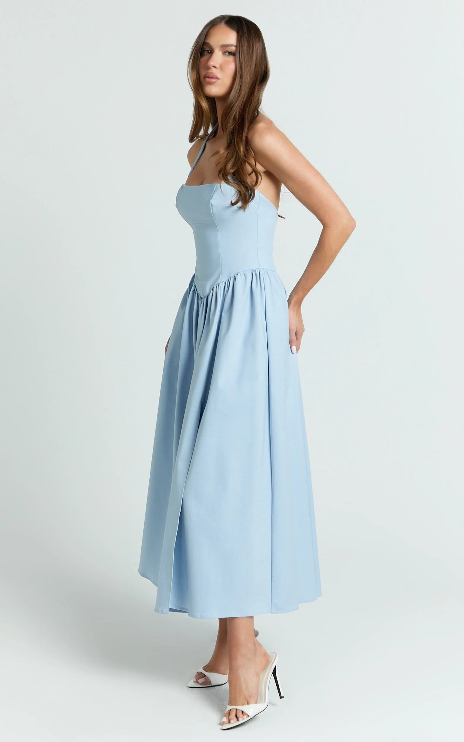Helda Midi Dress Halter Tie Neck Corset Panel Dress in Soft Blue