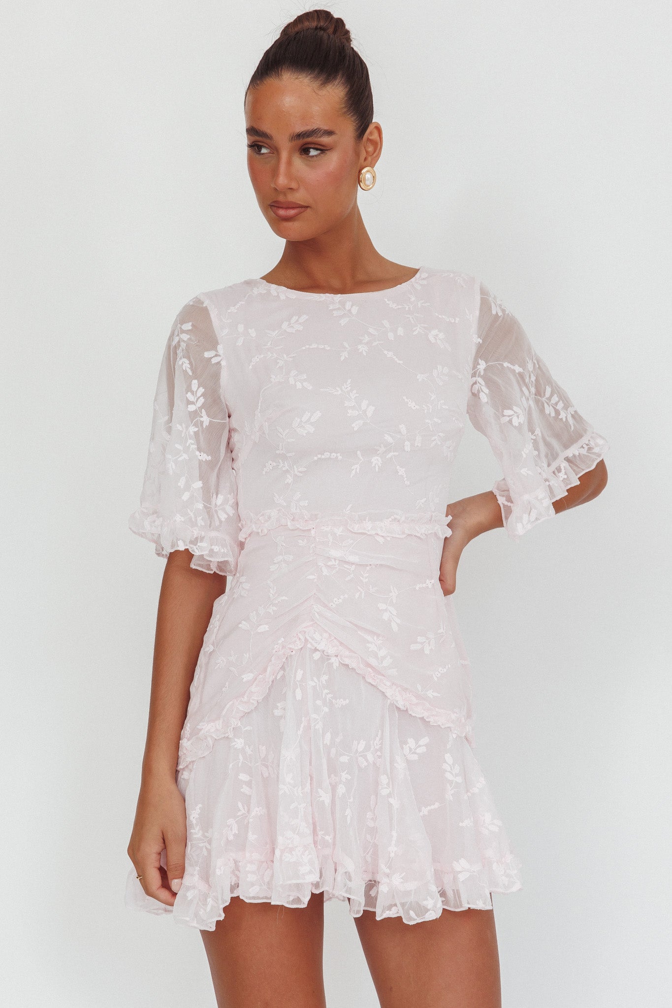 Leona Half Sleeve Frill Trim Dress Embroidered Blush