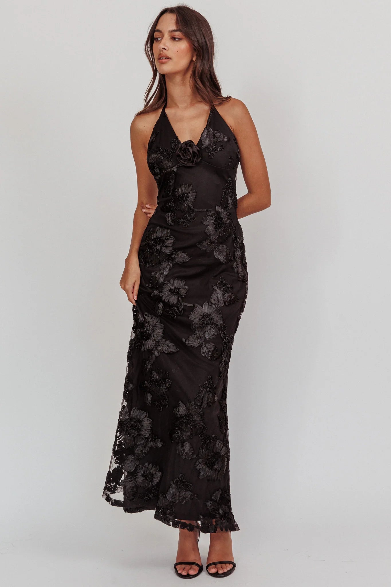Your Affections Rosette Ribbon Embellished Maxi Dress Black