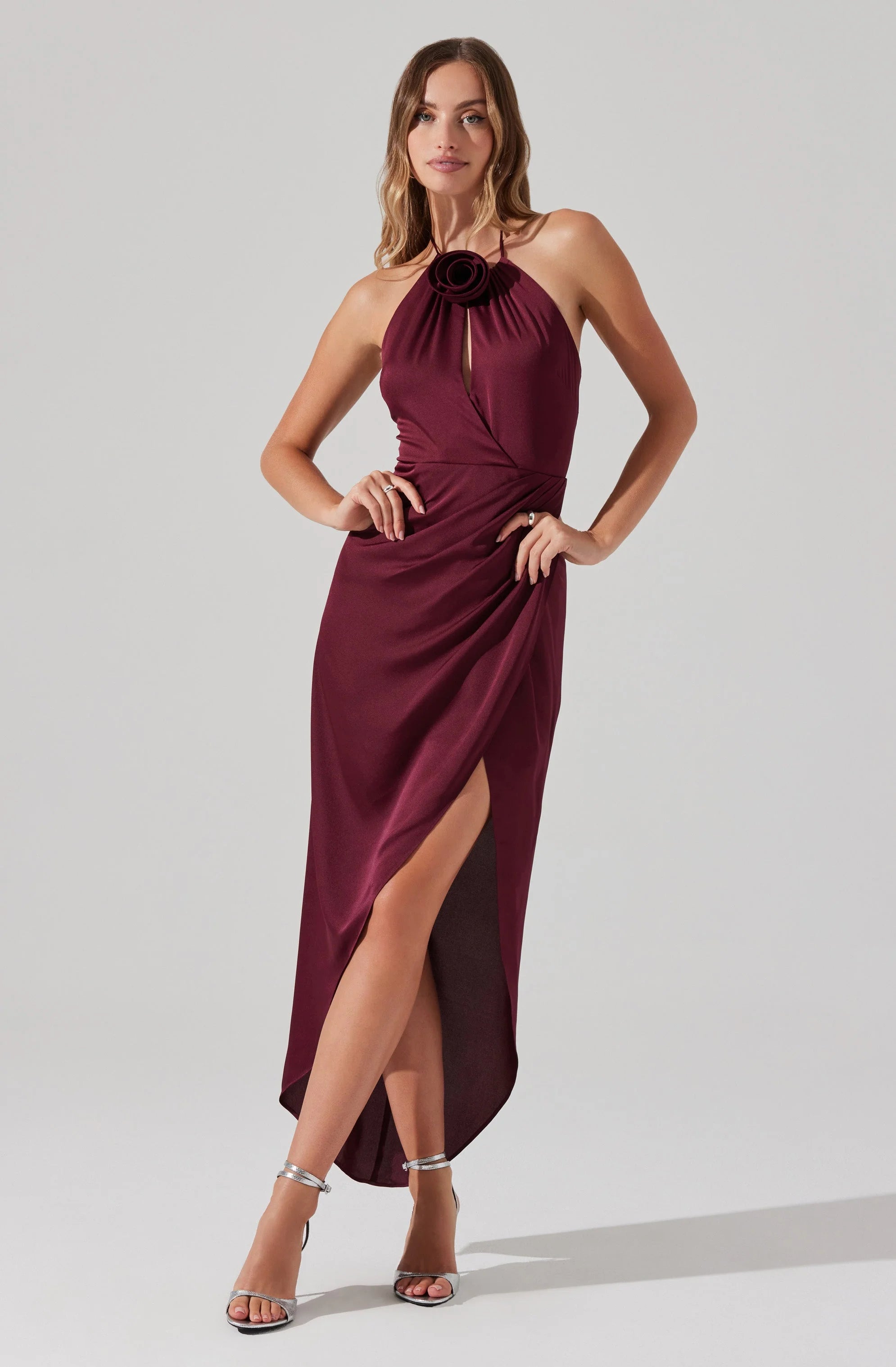 Flower Corsage Halter Midi Dress