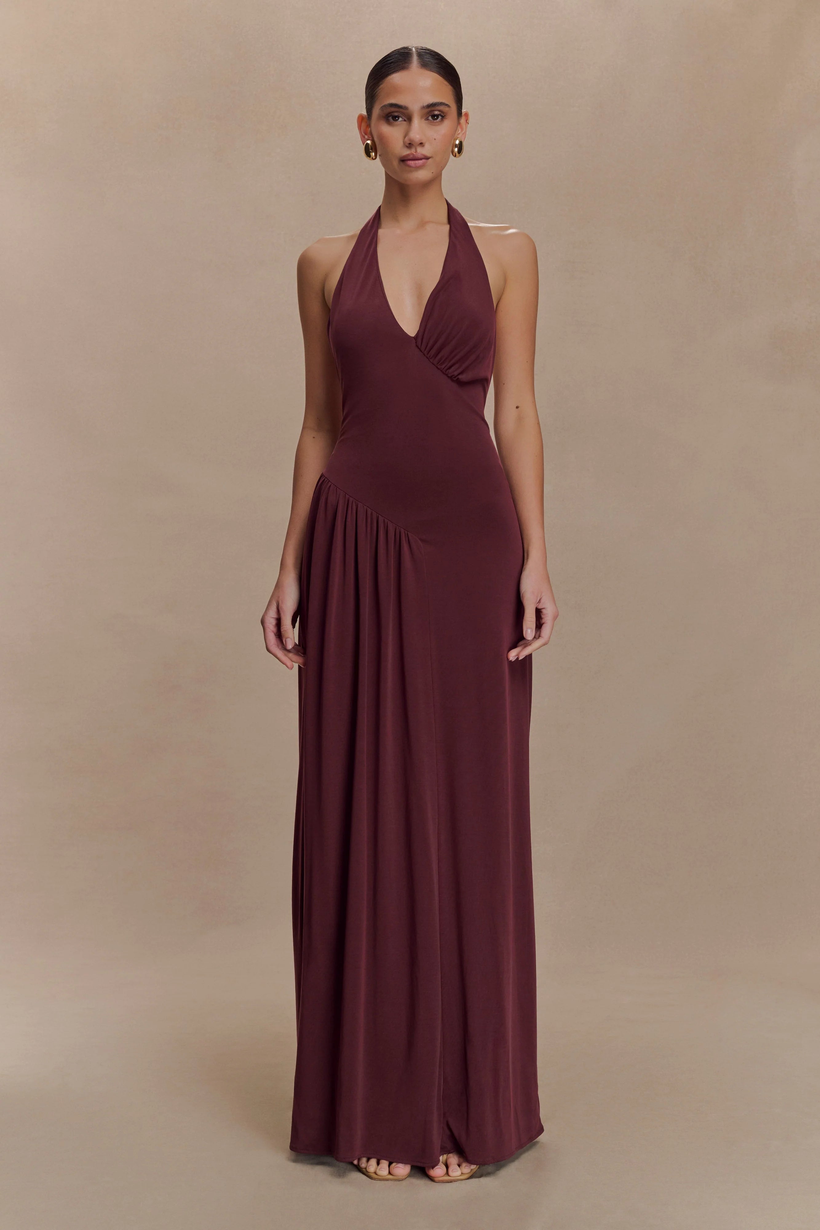 Yelena Ruched Halter Maxi Dress - Mahogany