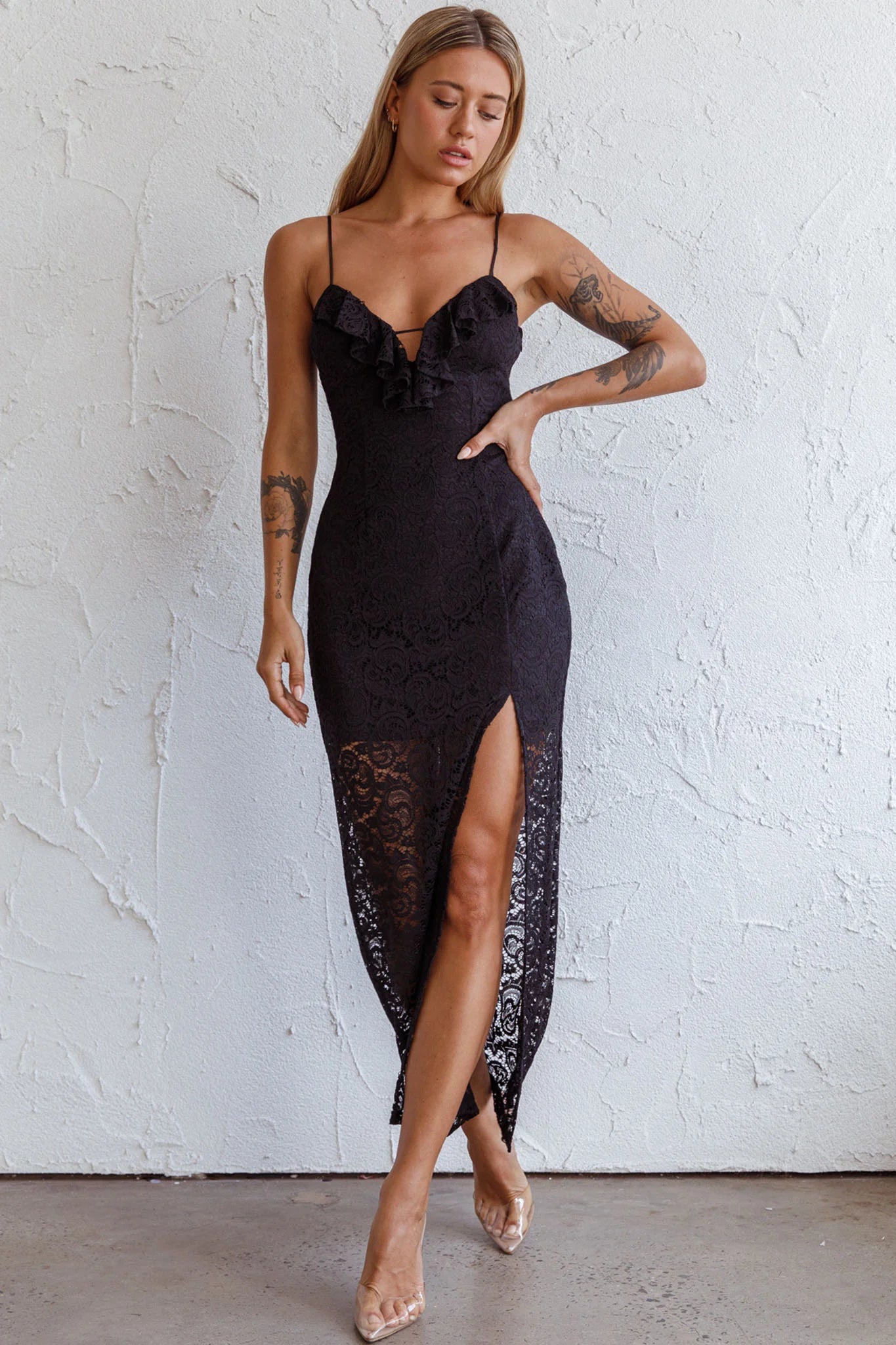 Evaleigh Frill Trim Lace Midi Dress Black