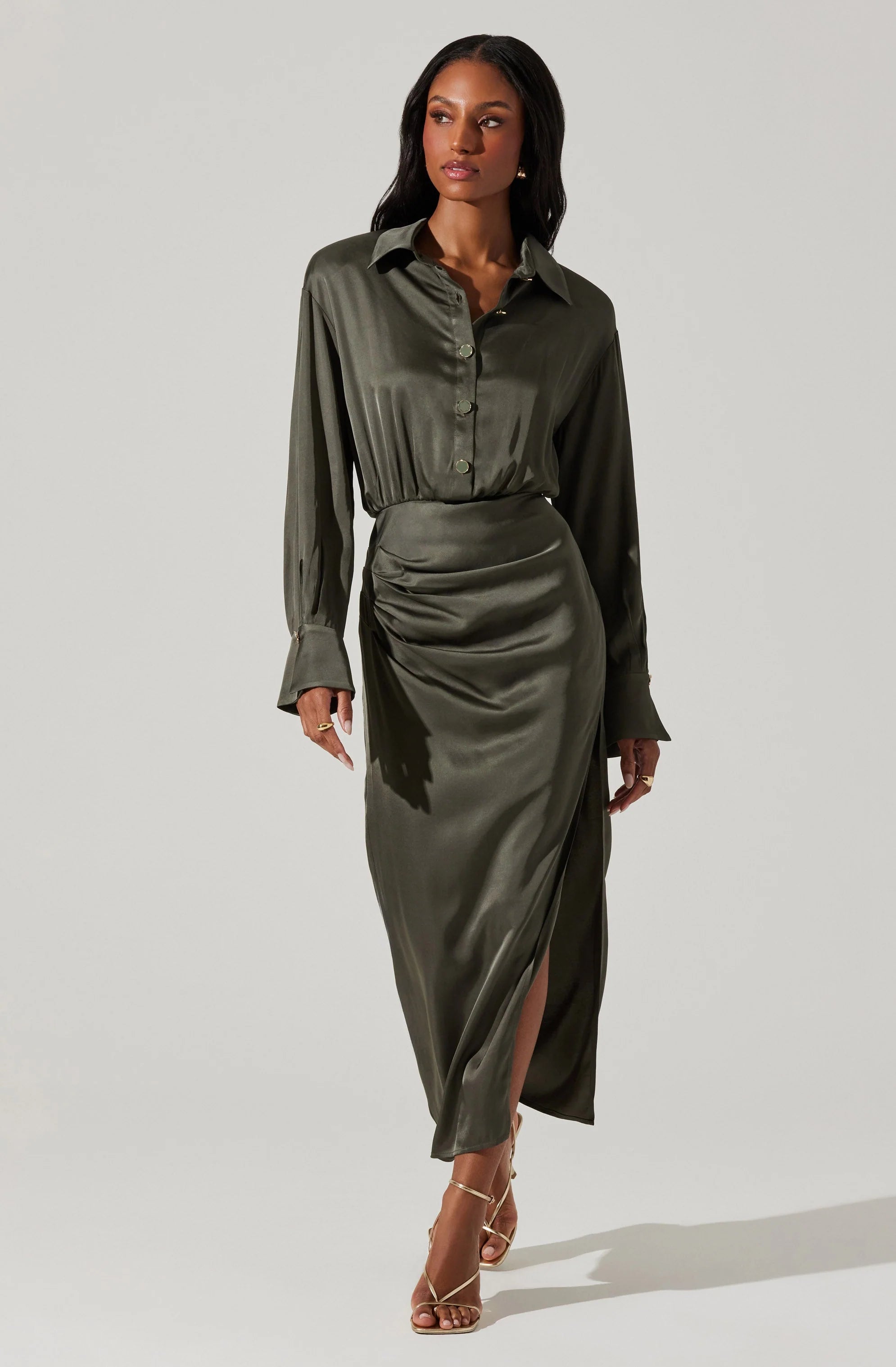 Elizabello Satin Midi Shirt Dress