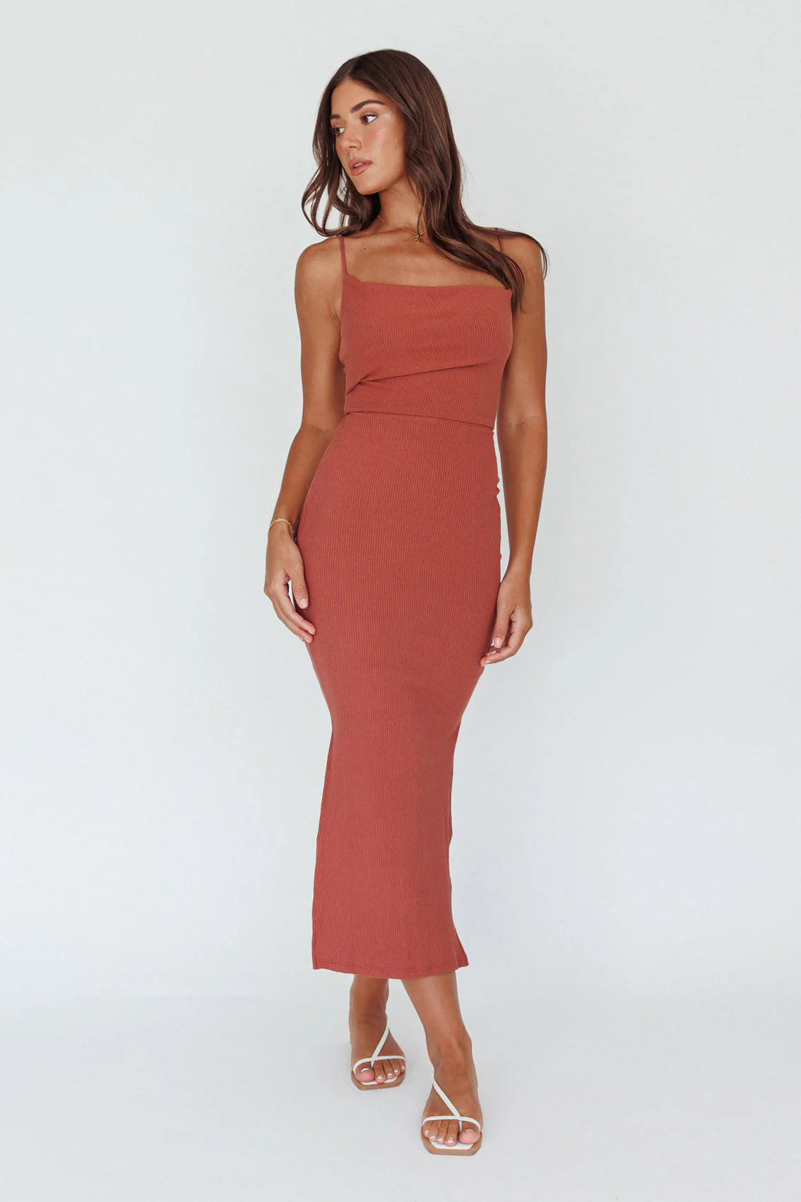 Frieda Cowl Neck Side Split Ribbed Midi Dress Rust