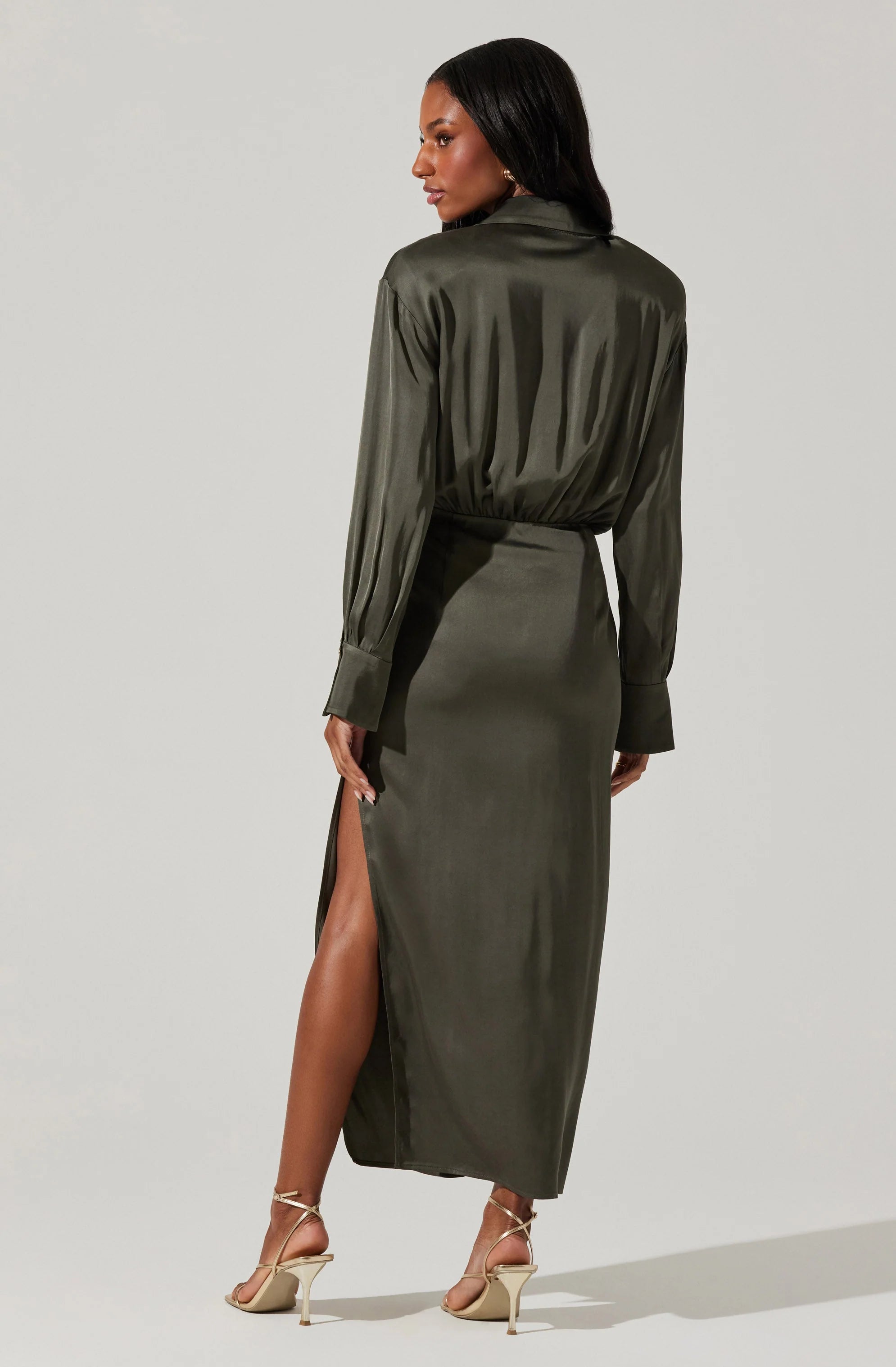 Elizabello Satin Midi Shirt Dress