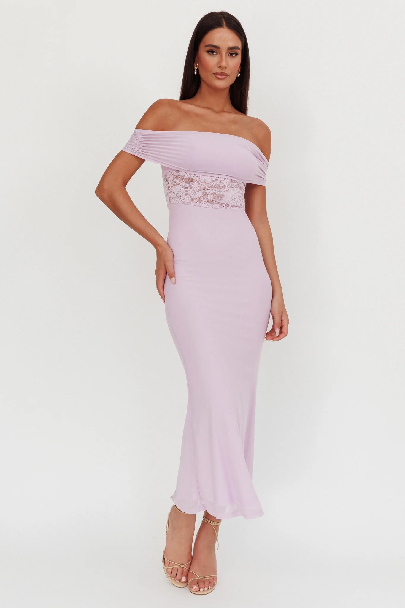 Flutters Off-Shoulder Lace Insert Maxi Dress Lilac