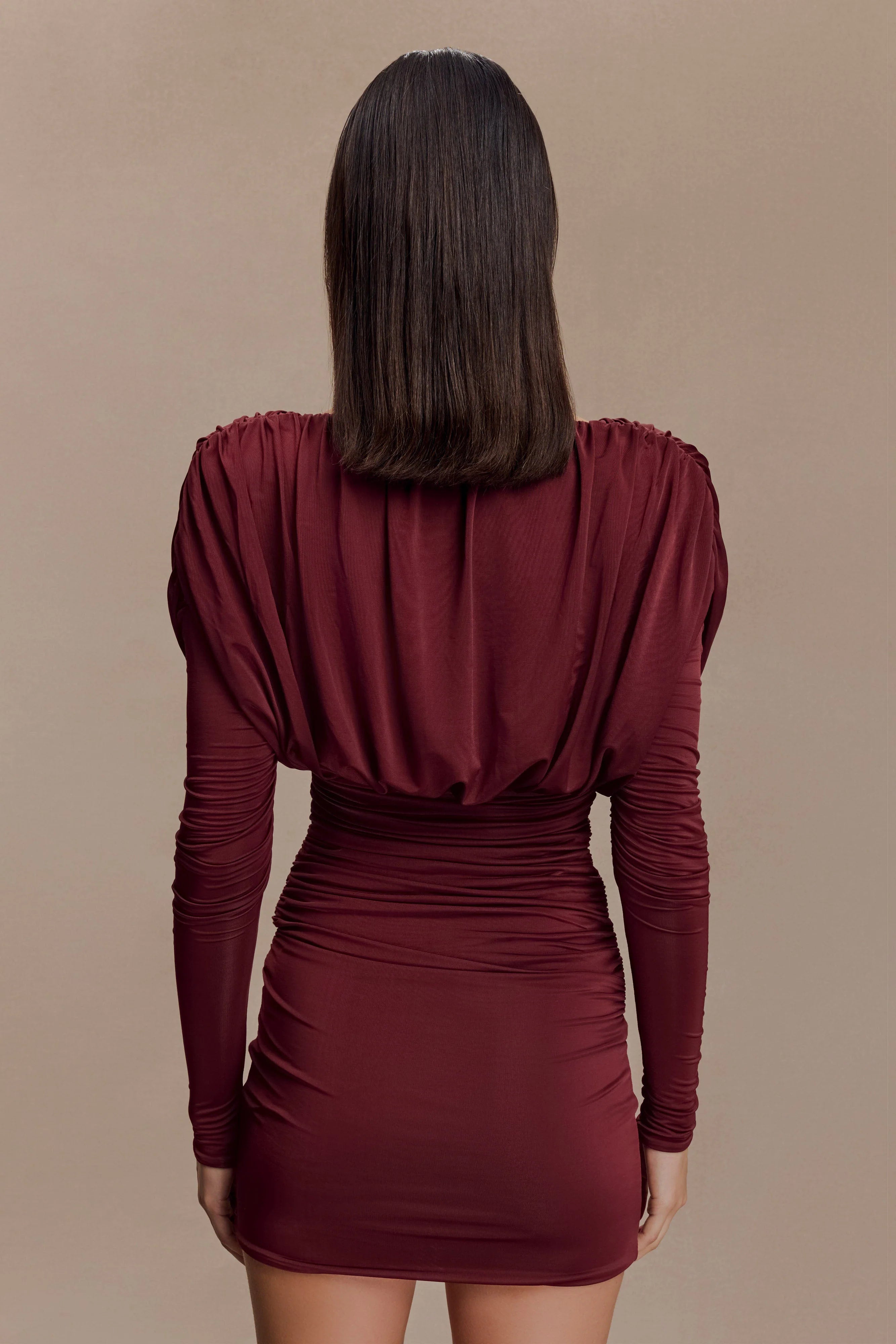 Hayden Long Sleeve Plunge Mini Dress - Burgundy