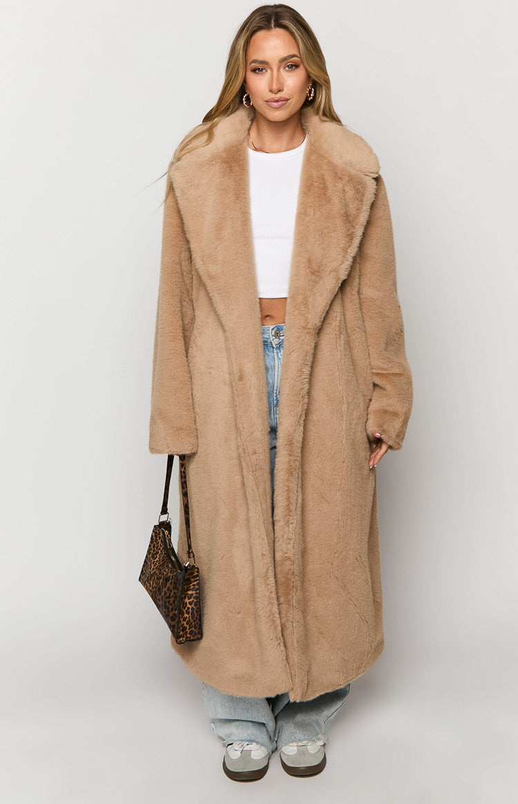 Lyrae Brown Full Length Faux Fur Coat
