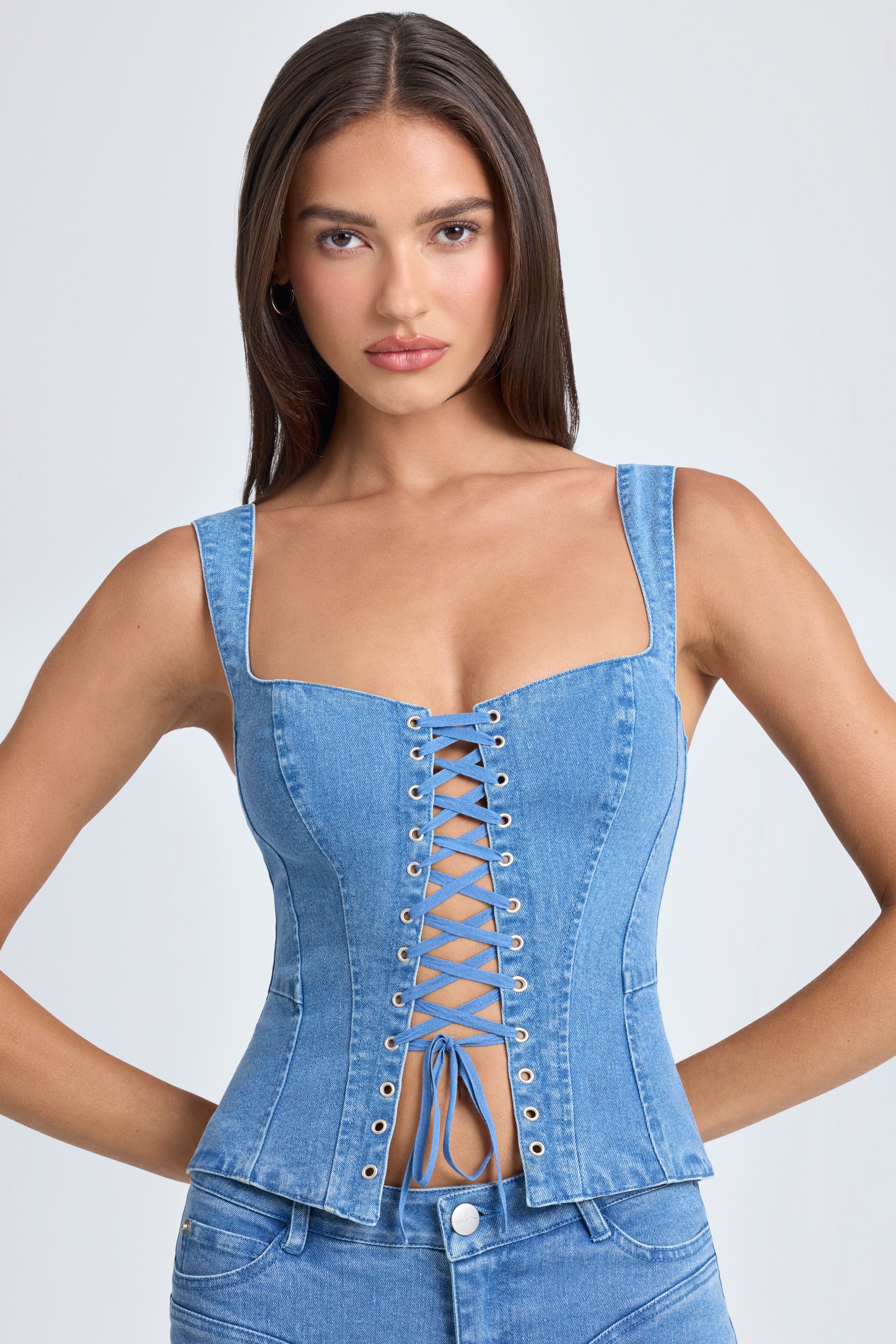 Danna-Lace-Up Corset Top in Mid Blue Stonewash