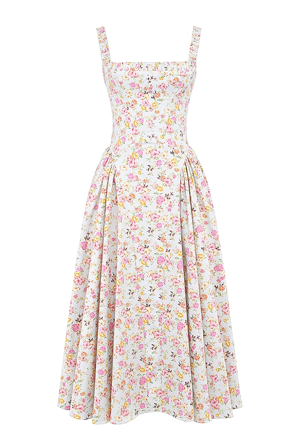Dorothy-Pale Blue Meadow Print Cotton Midi Sundress