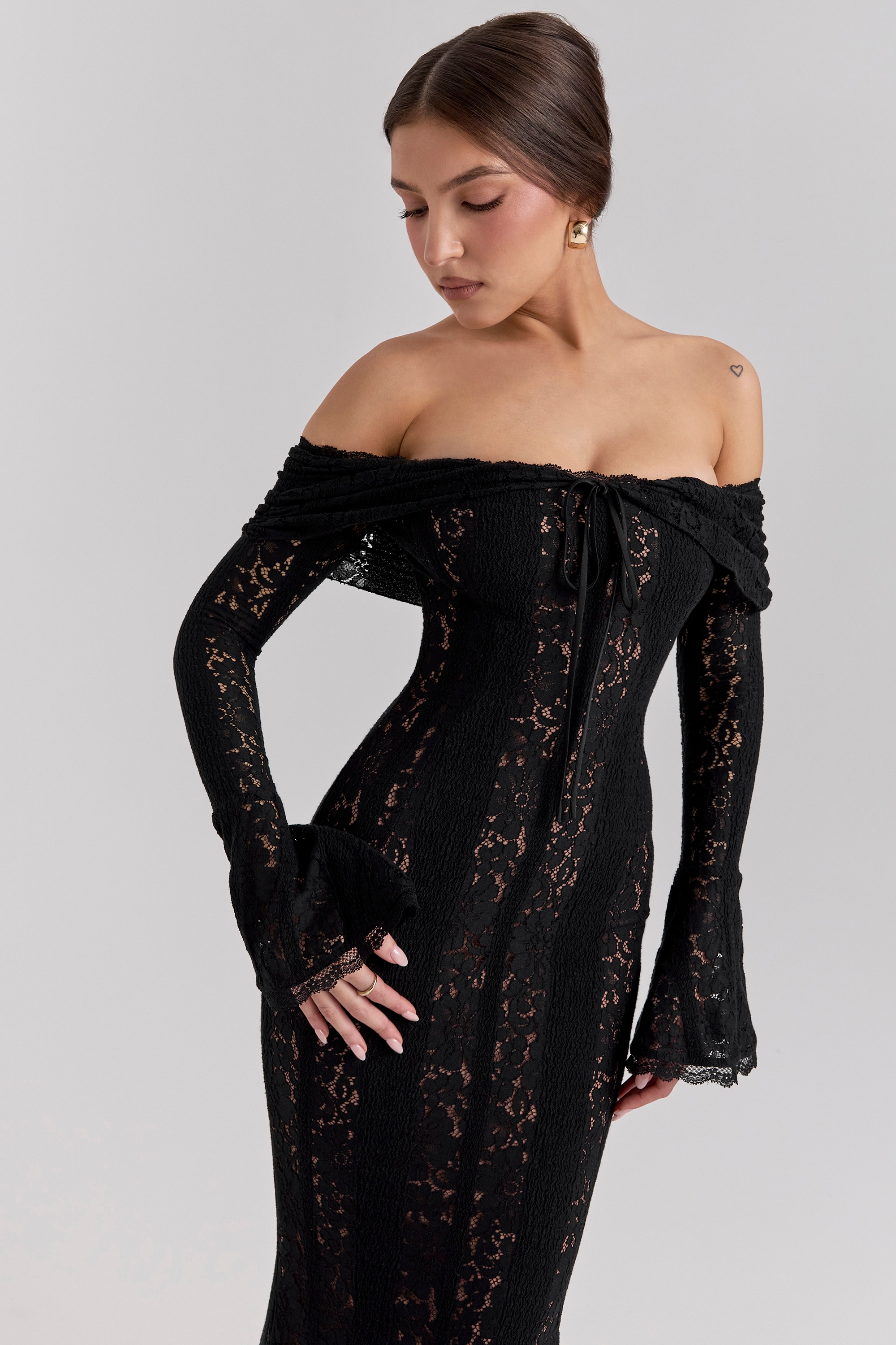 Belle-Black Off Shoulder Floral Lace Maxi Dress