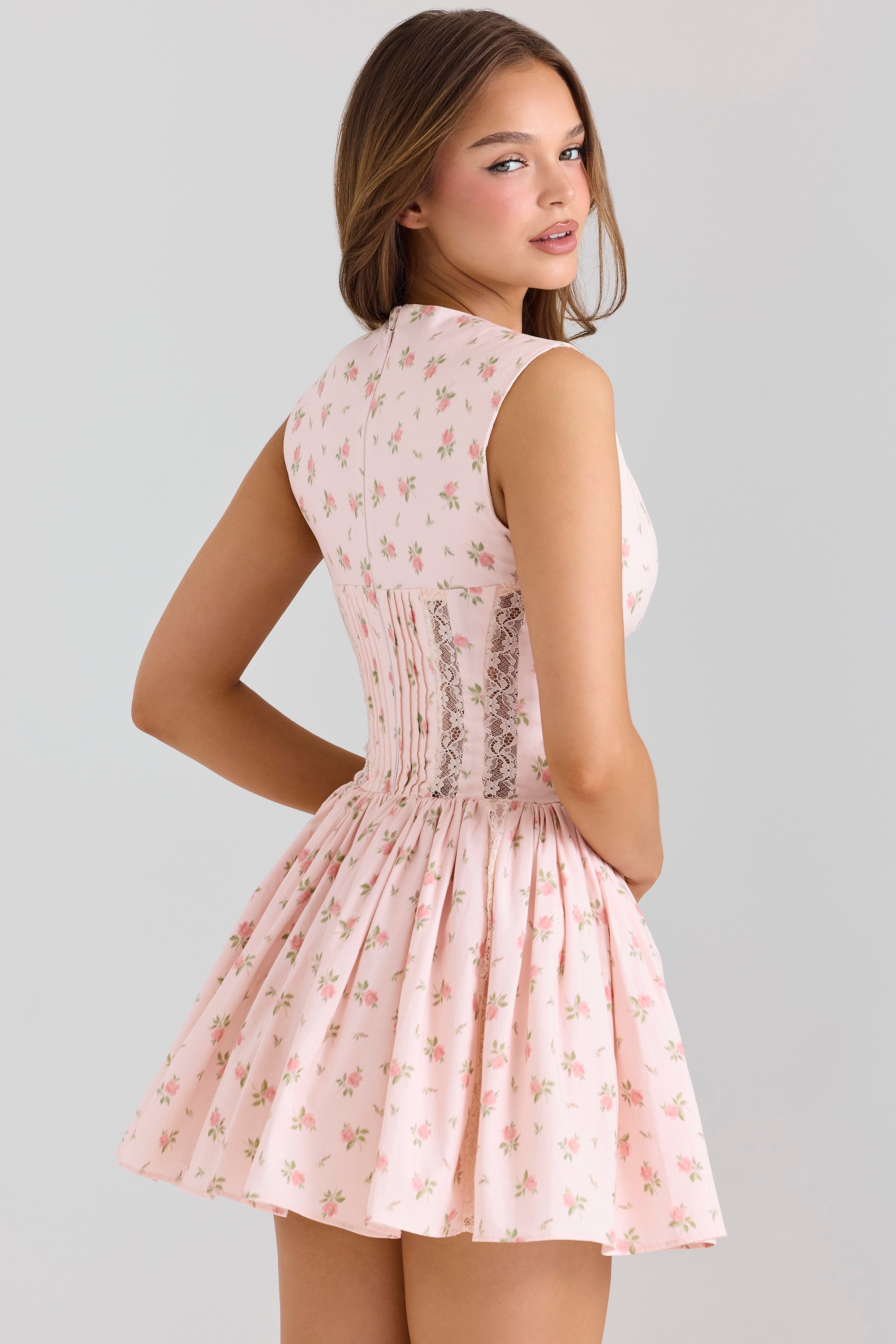 Carmel-Pink Stretch Cotton Floral Print Mini Dress