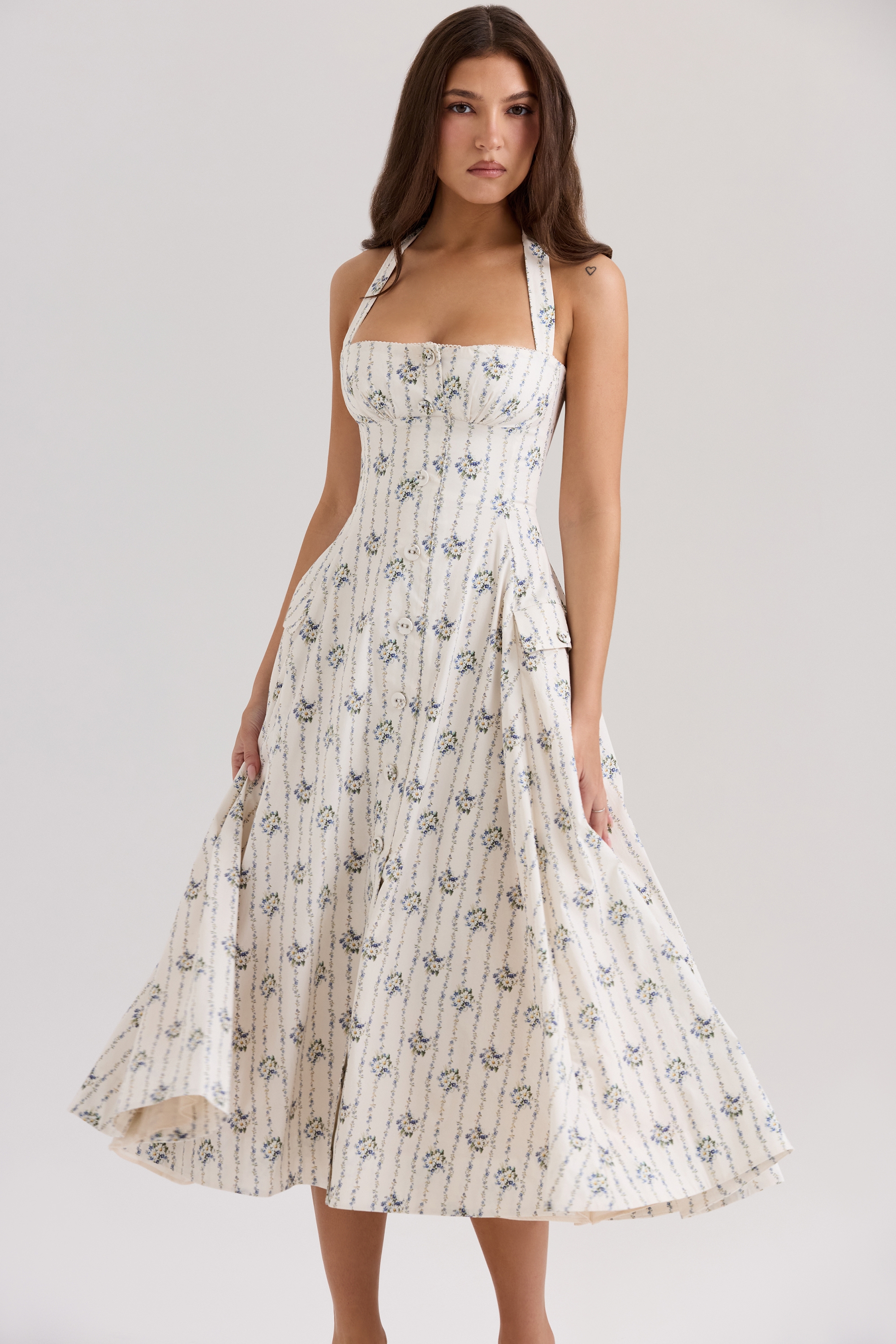 Claudia-Cream Daisy Print Stretch Cotton Halter Neck Midi Dress