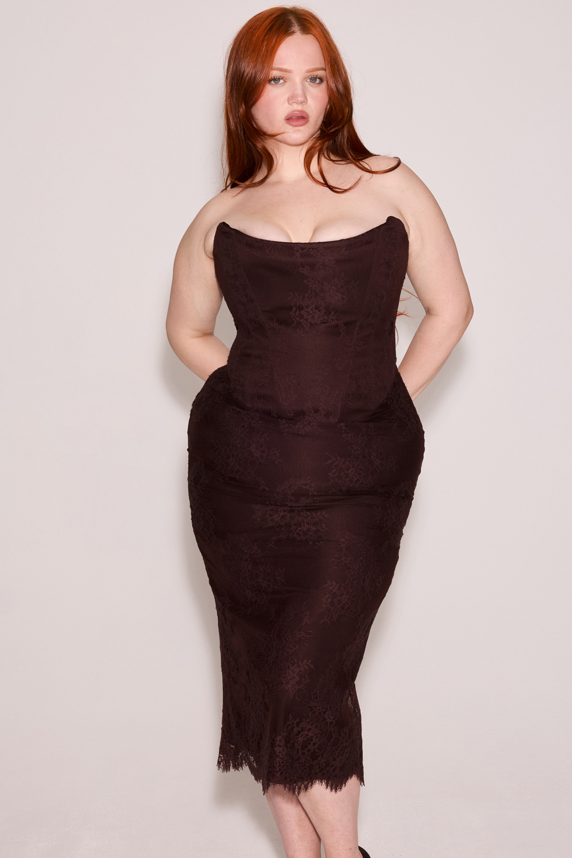 Larra-Bitter Chocolate Lace Corset Midi Dress & Bolero