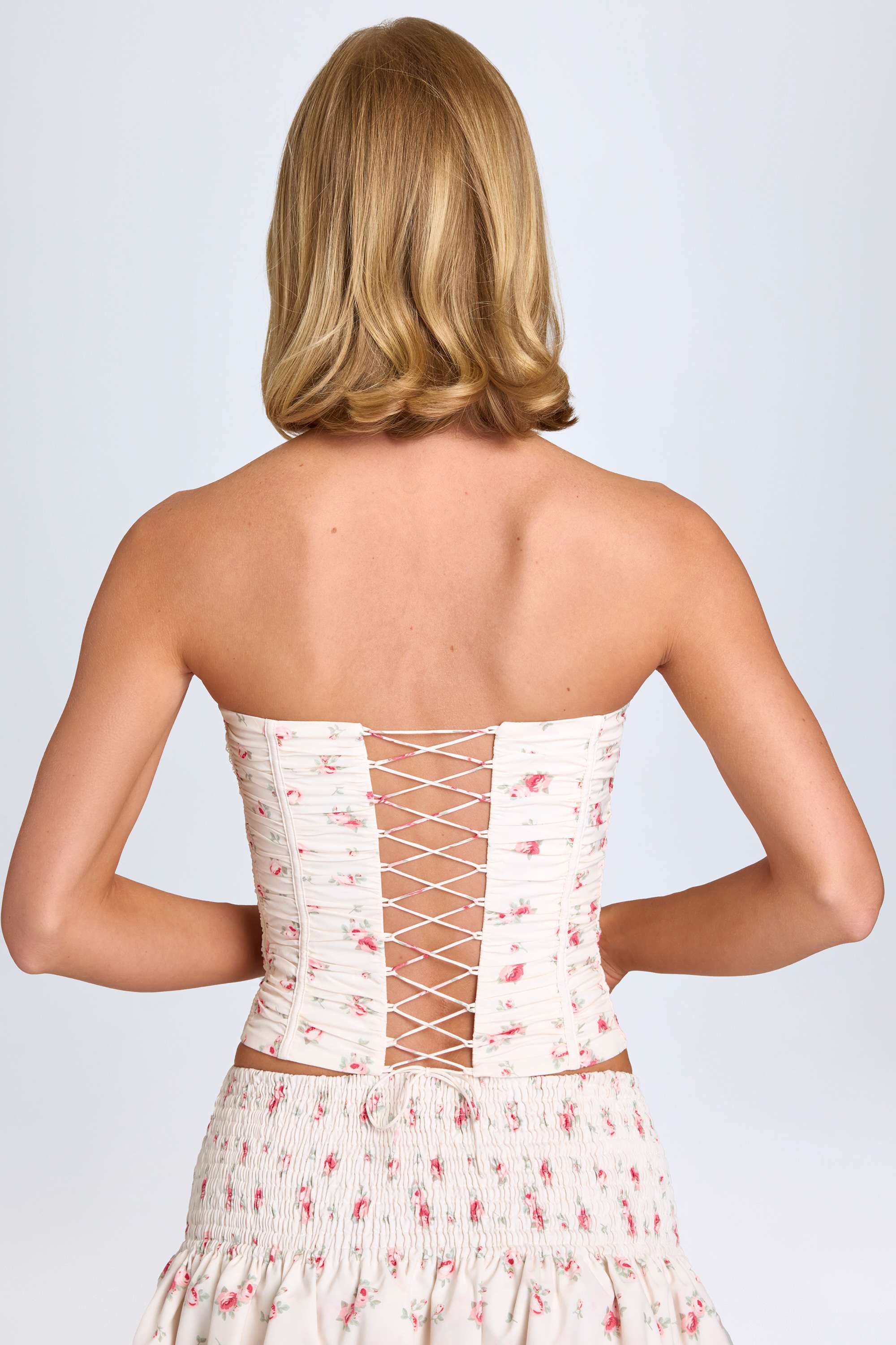 Trova-Ruched Lace-Up Corset Top in Small Rose Print
