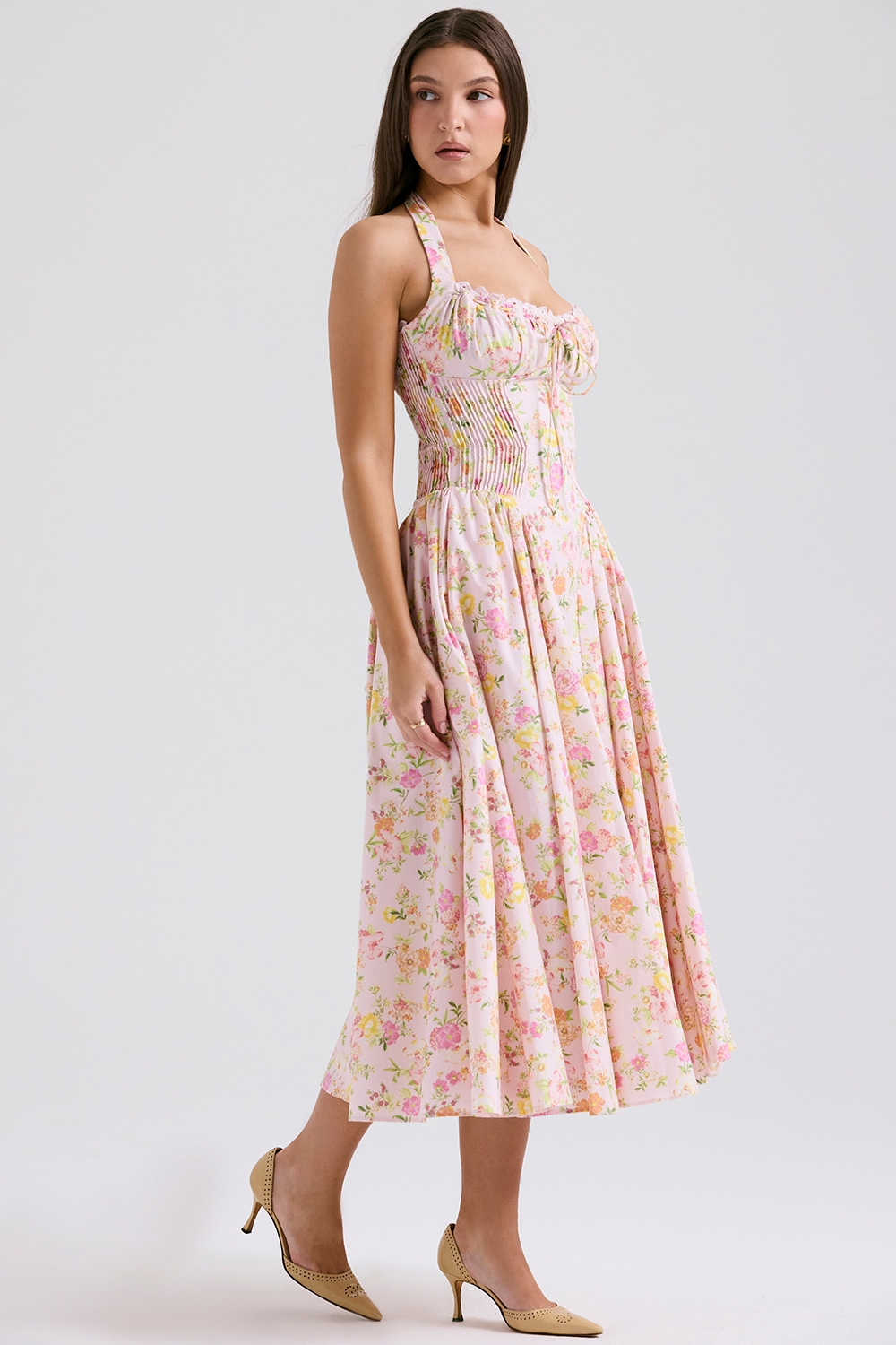 Adabella-Pink Meadow Print Cotton Halter Midi Sundress