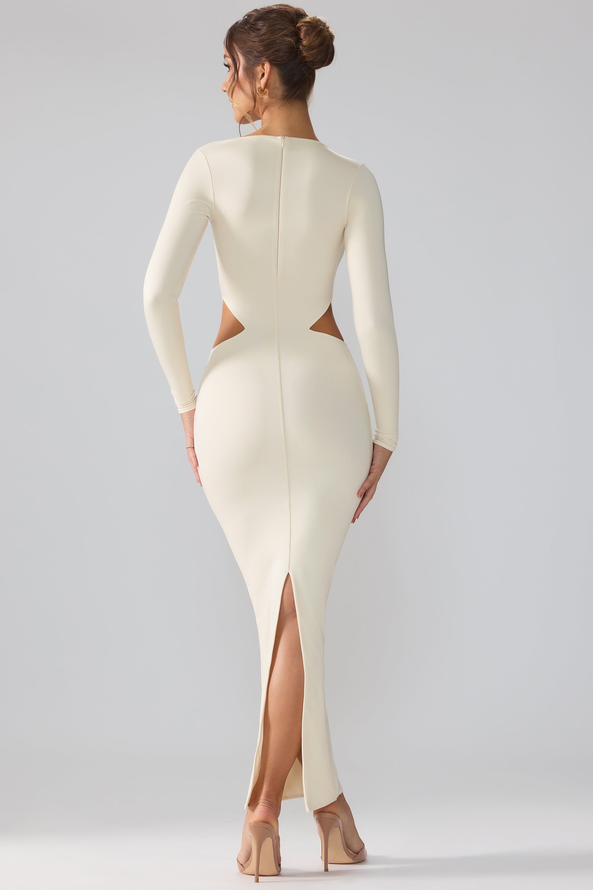 Tindra-Premium Jersey Long Sleeve Cut Out Maxi Dress in Ivory