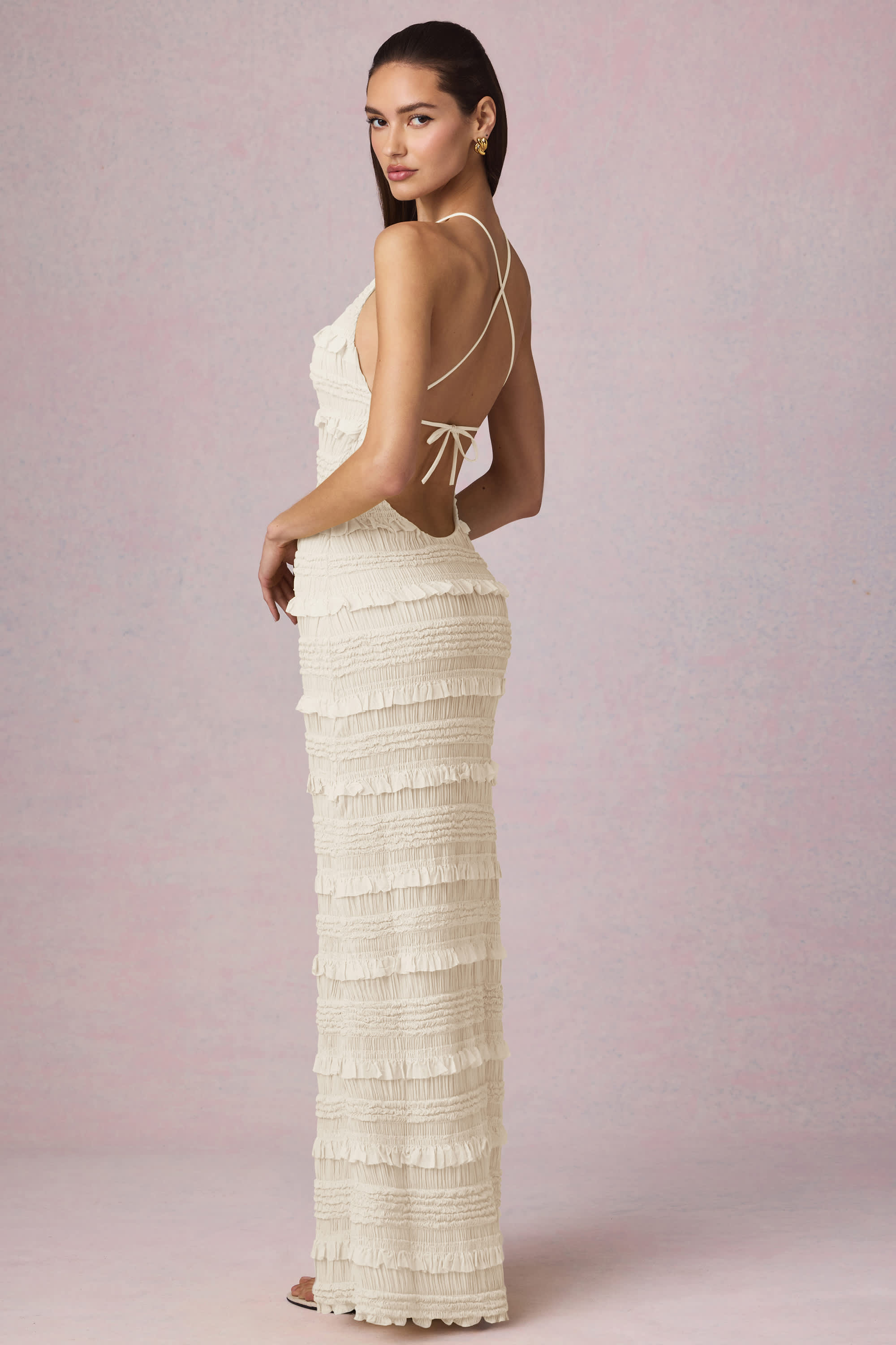 Tove-Ruffled Backless Halterneck Maxi Dress in Ivory
