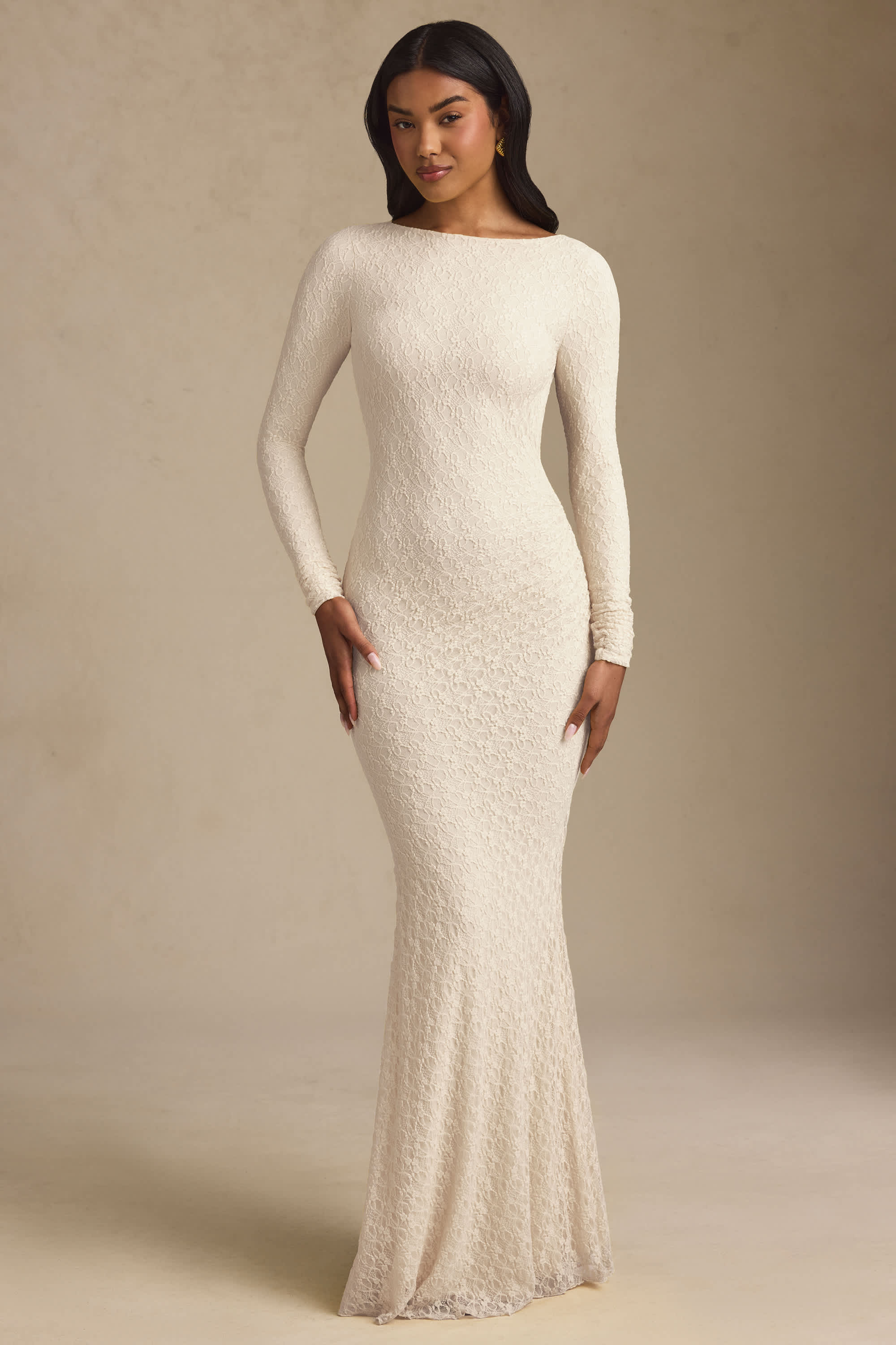 Tarini-Ruched Backless Lace Maxi Dress in Ivory