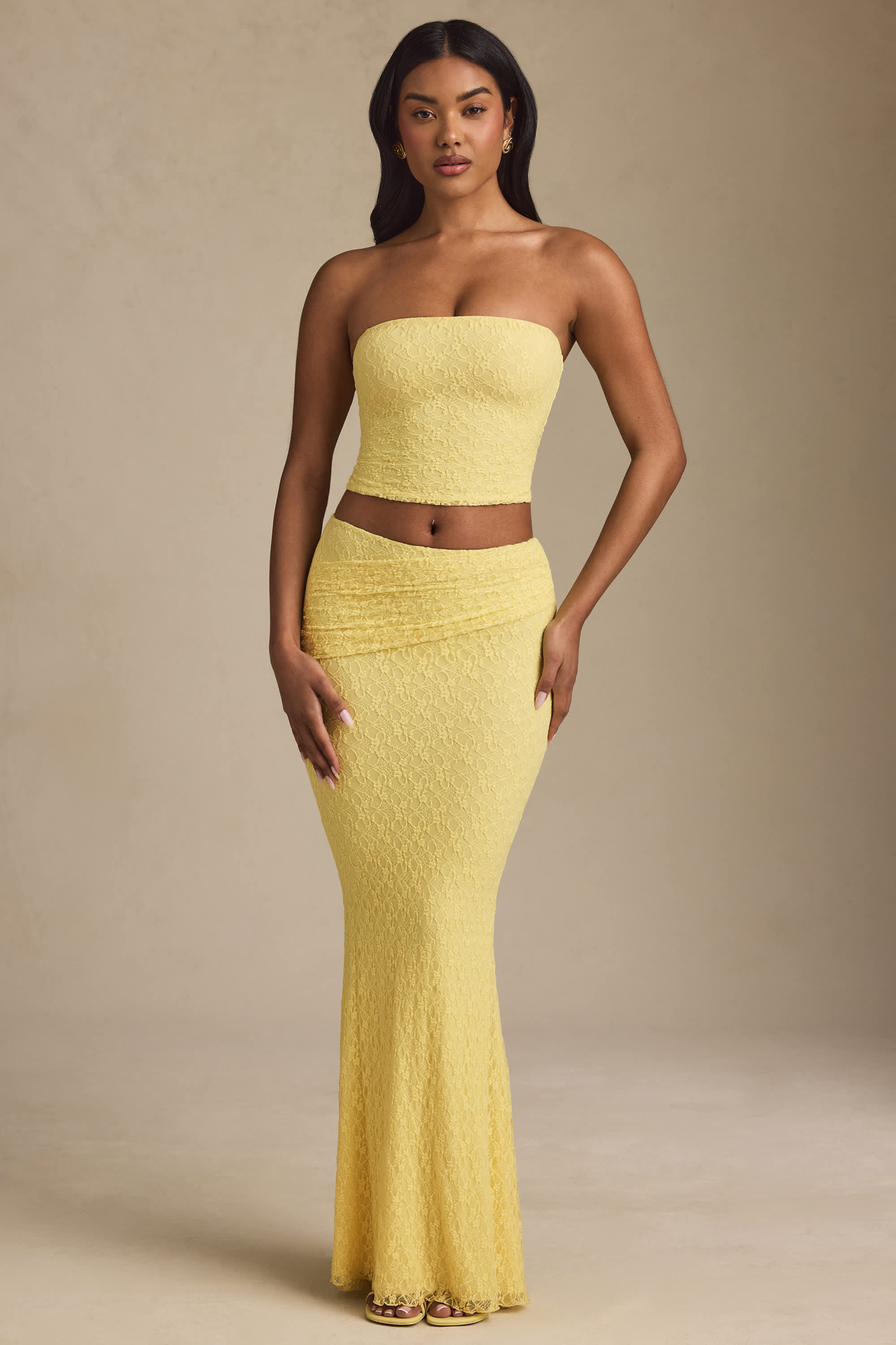 Vanda-Draped Low-Rise Lace Maxi Skirt in Pastel Yellow