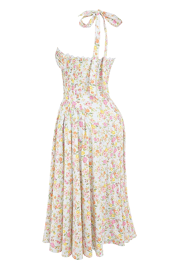 Adabella-Pale Blue Meadow Print Cotton Halter Sundress