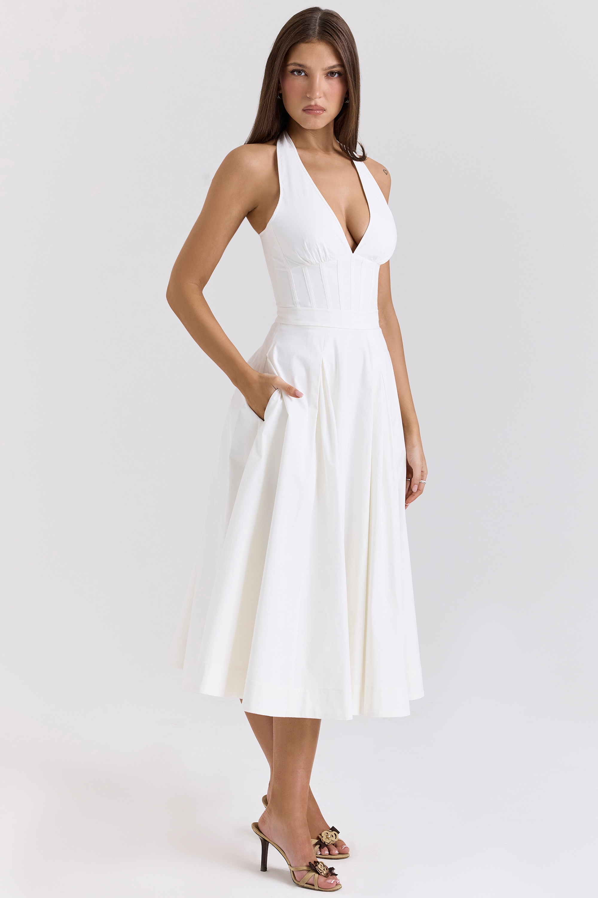 Allena-White Stretch Cotton Halter Midi Sundress