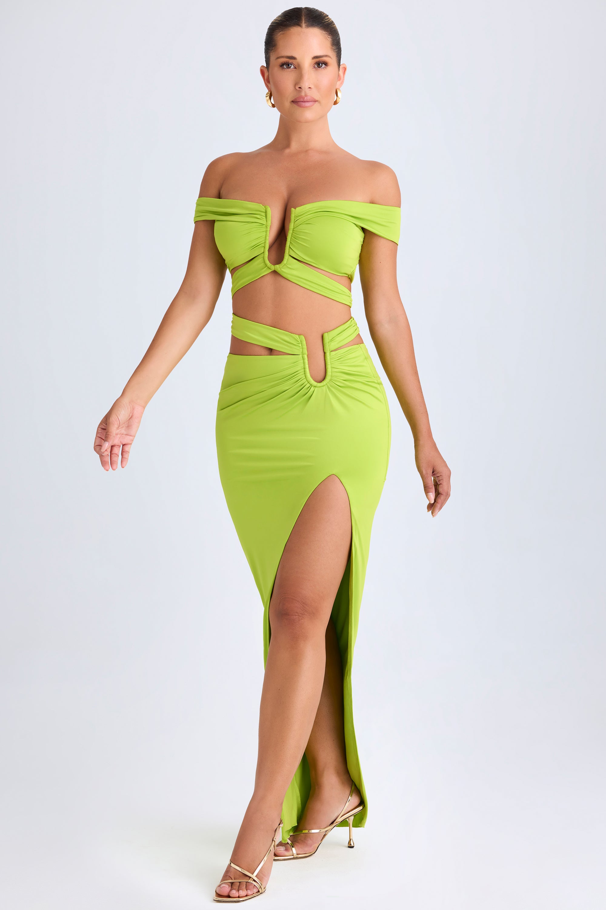 Zene-Cut-Out Off-Shoulder Crop Top in Lime Green