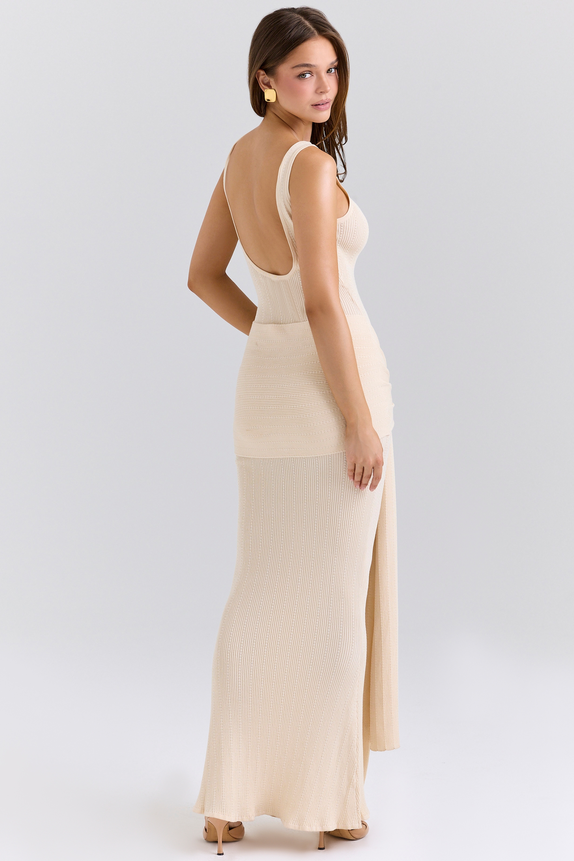 Akaia-Champagne Draped Silky Knit Maxi Dress
