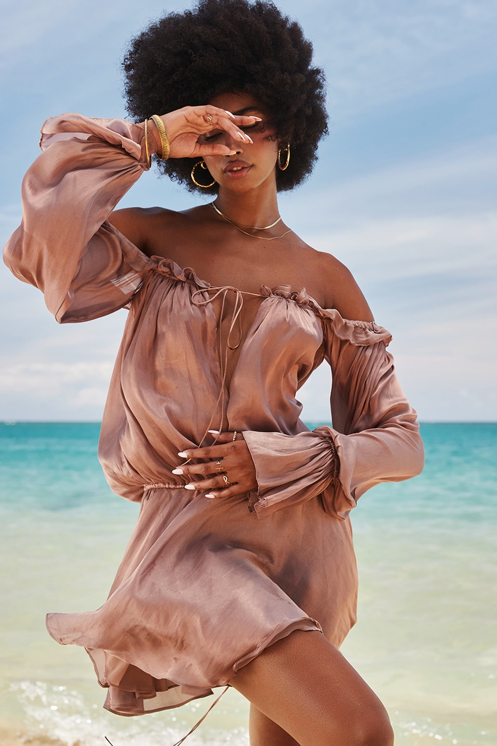 Chaya-Hazelnut Off Shoulder Dress