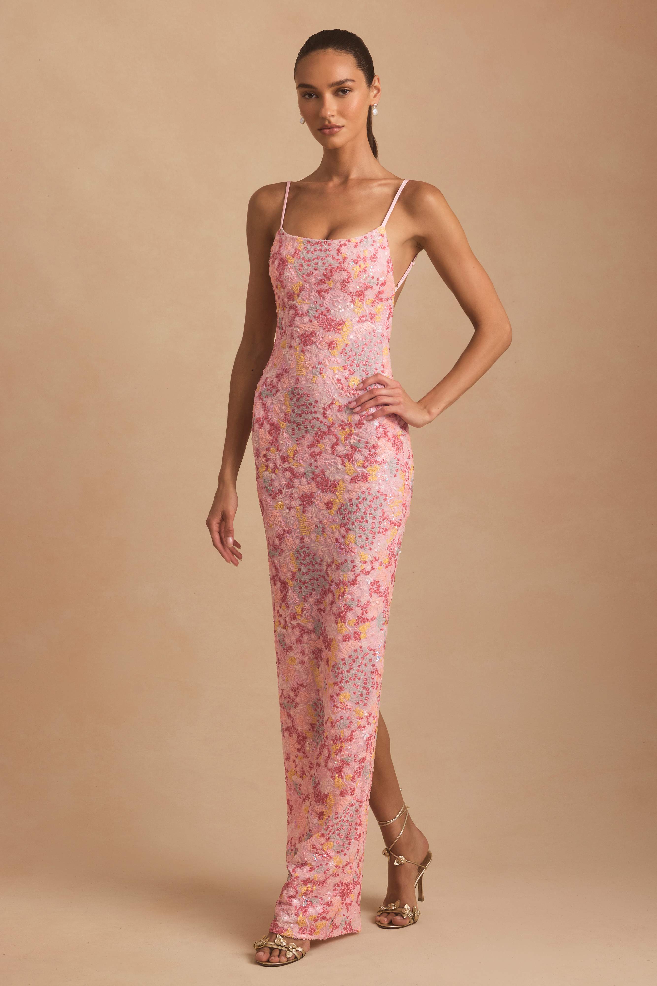 Tavira-Embellished Scoop-Neck Backless Maxi Dress in Pink