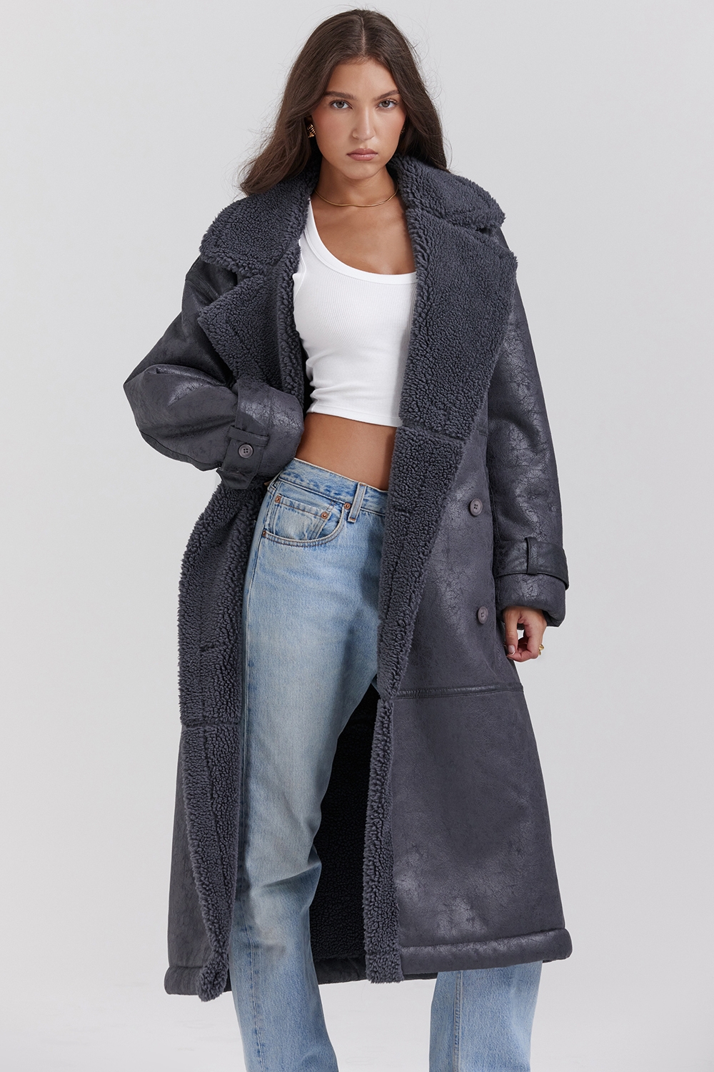 Deiji-Grey Vegan Shearling Coat