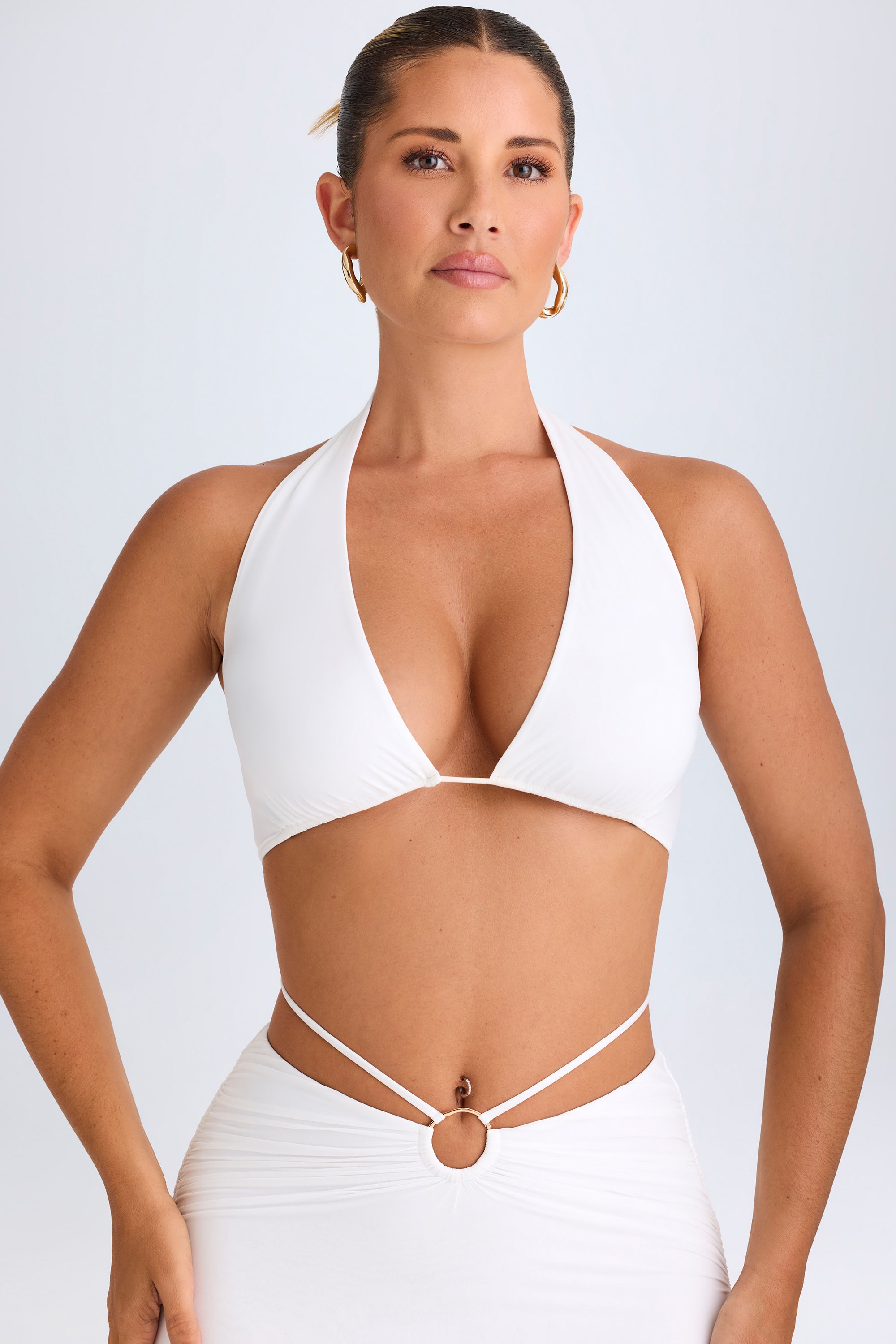 Vella-Plunge Hardware-Detail Halterneck Crop Top in White