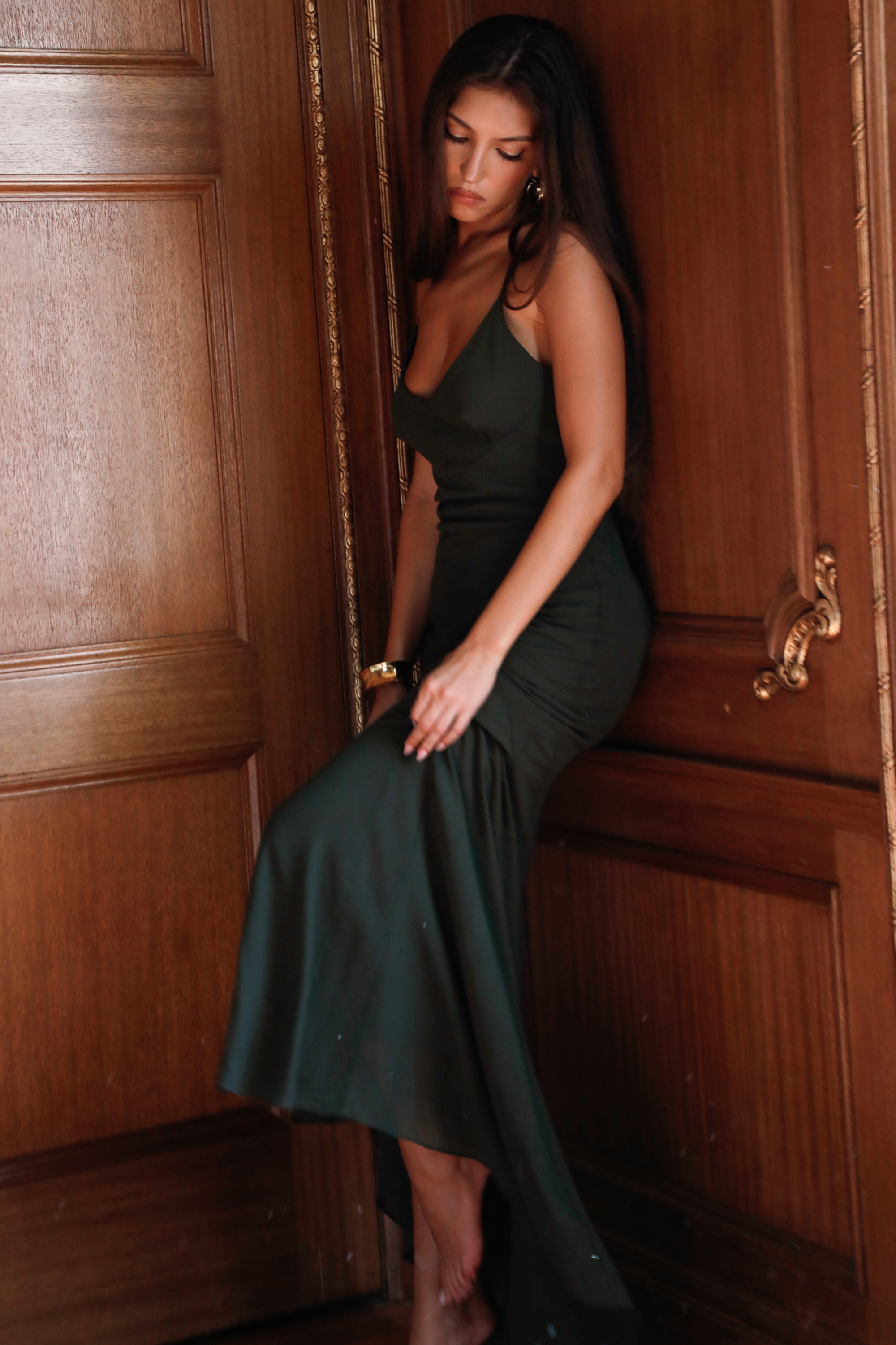 Sacha-Forest Green Georgette Panelled Maxi Dress