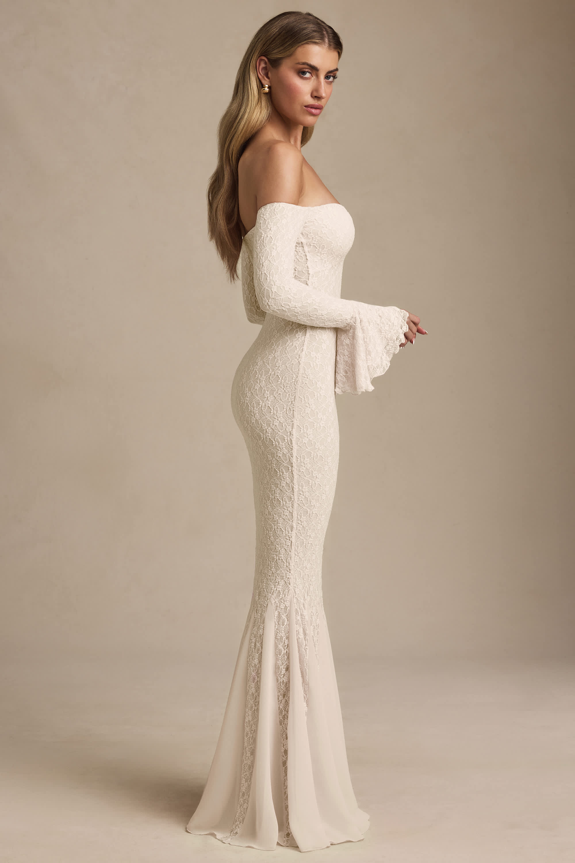 Verena-Off-Shoulder Ruffle Lace Maxi Dress in Ivory