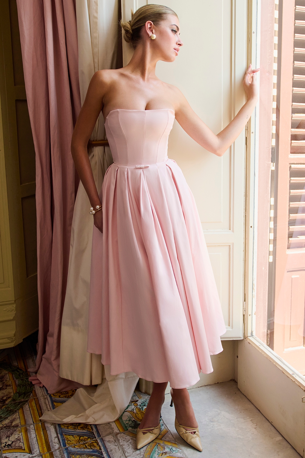 Contessa-Parisian Pink Strapless Corset Midi Dress