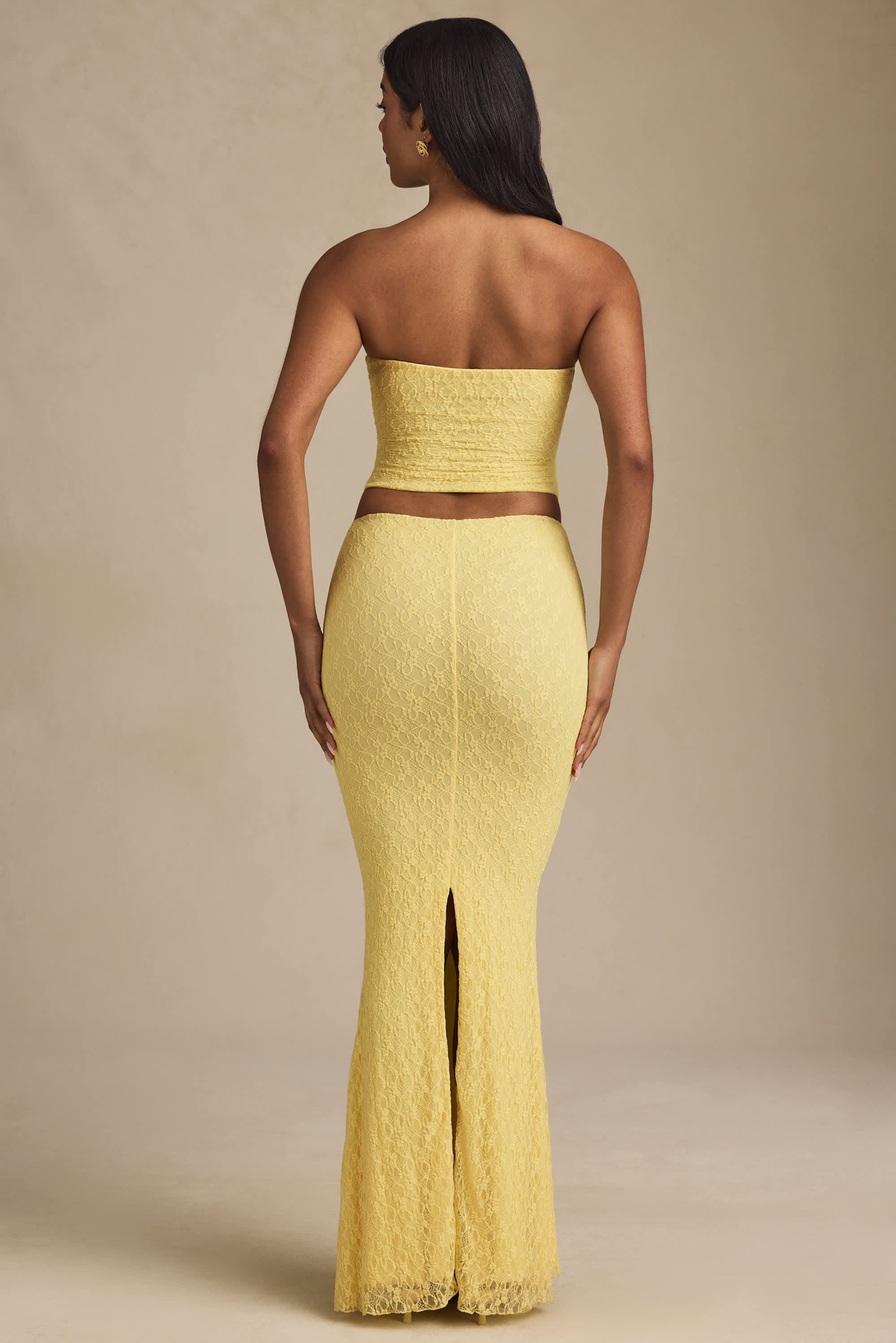 Vanda-Draped Low-Rise Lace Maxi Skirt in Pastel Yellow