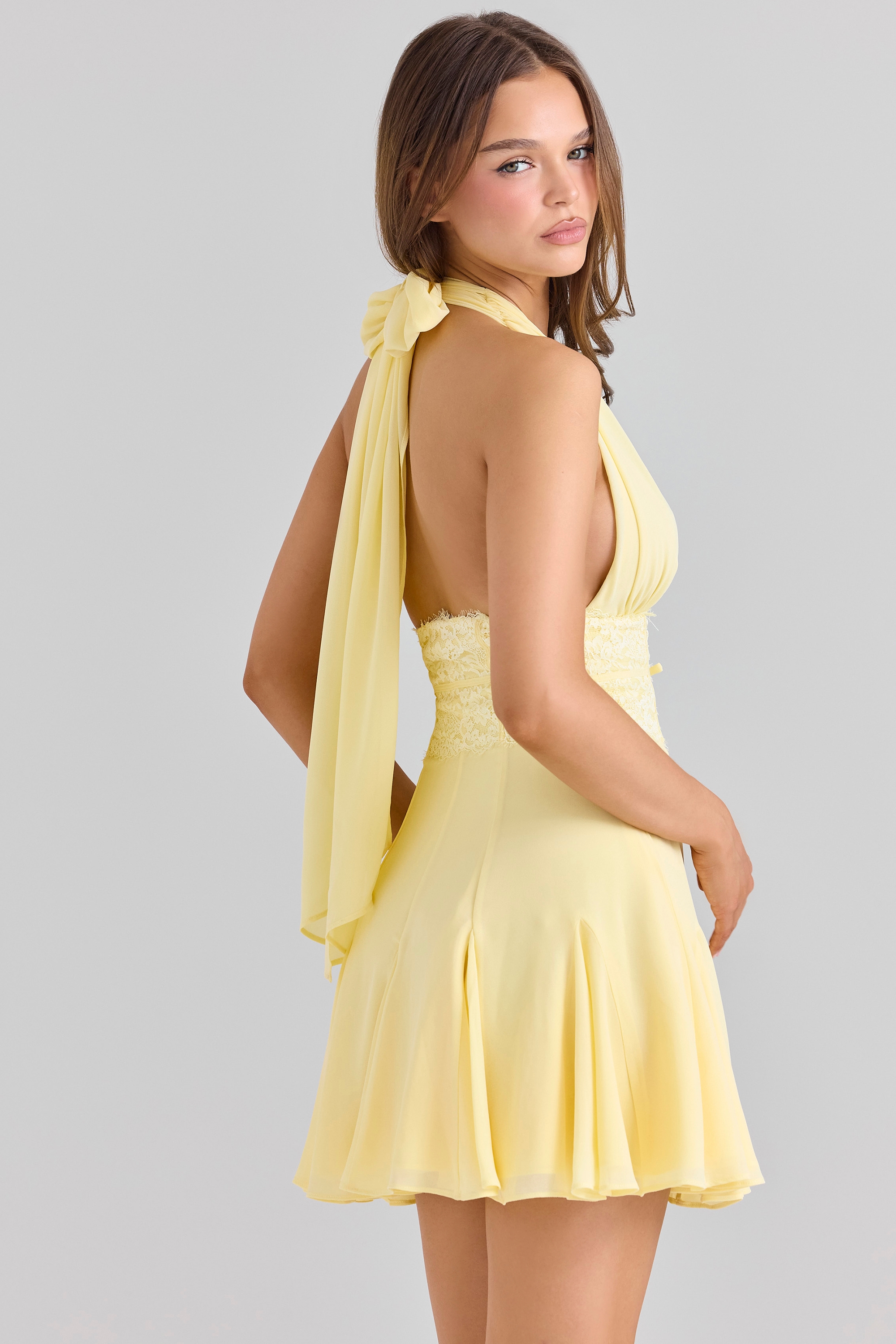 Ailani-Butter Yellow Georgette Halter Neck Mini Dress