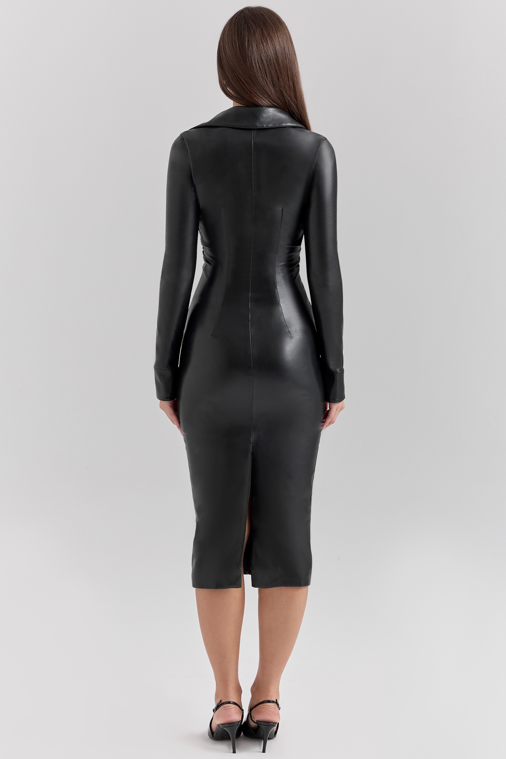 Viola-Black Vegan Leather Long Sleeve Midi Dress