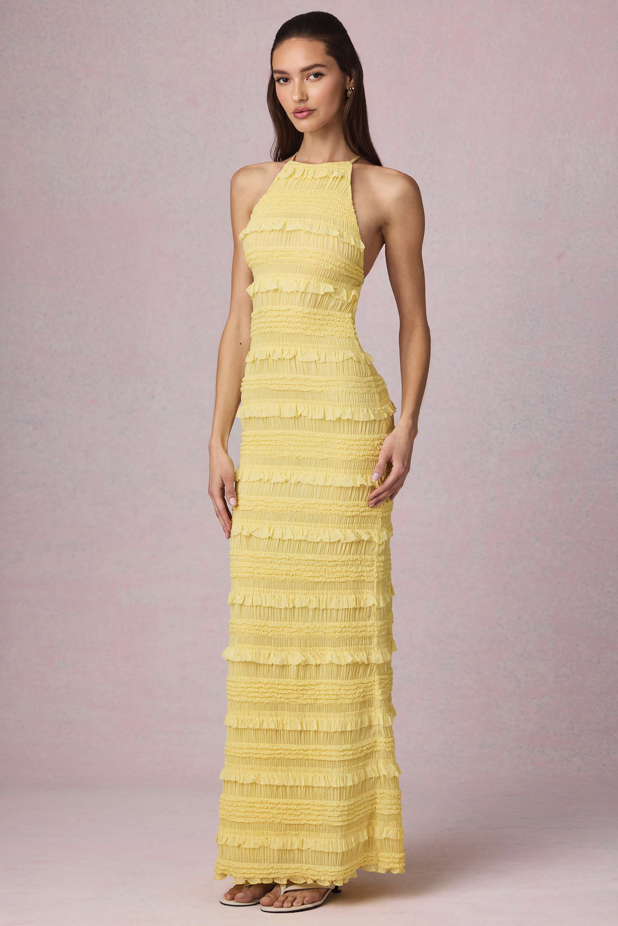 Tove-Ruffled Backless Halterneck Maxi Dress in Lemon Yellow