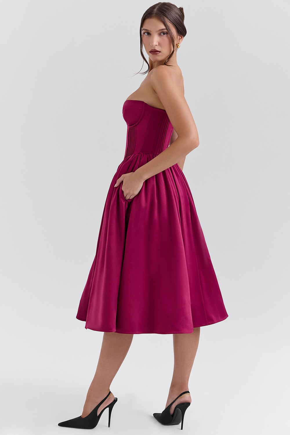 Coco-Burgundy Satin Tulle Midi Dress - SALE