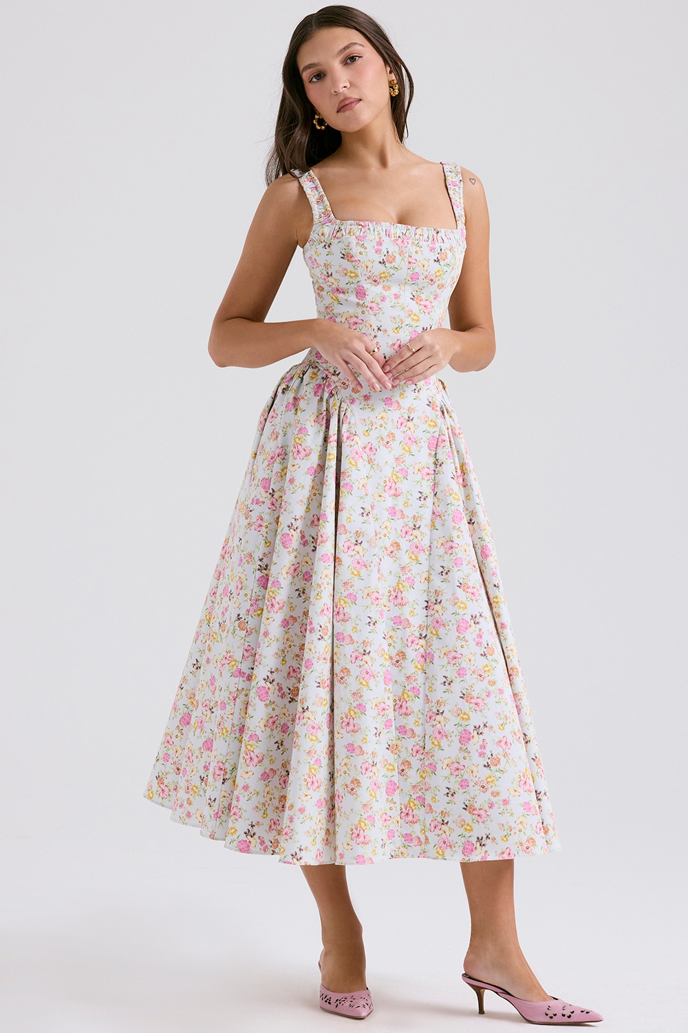 Dorothy-Pale Blue Meadow Print Cotton Midi Sundress